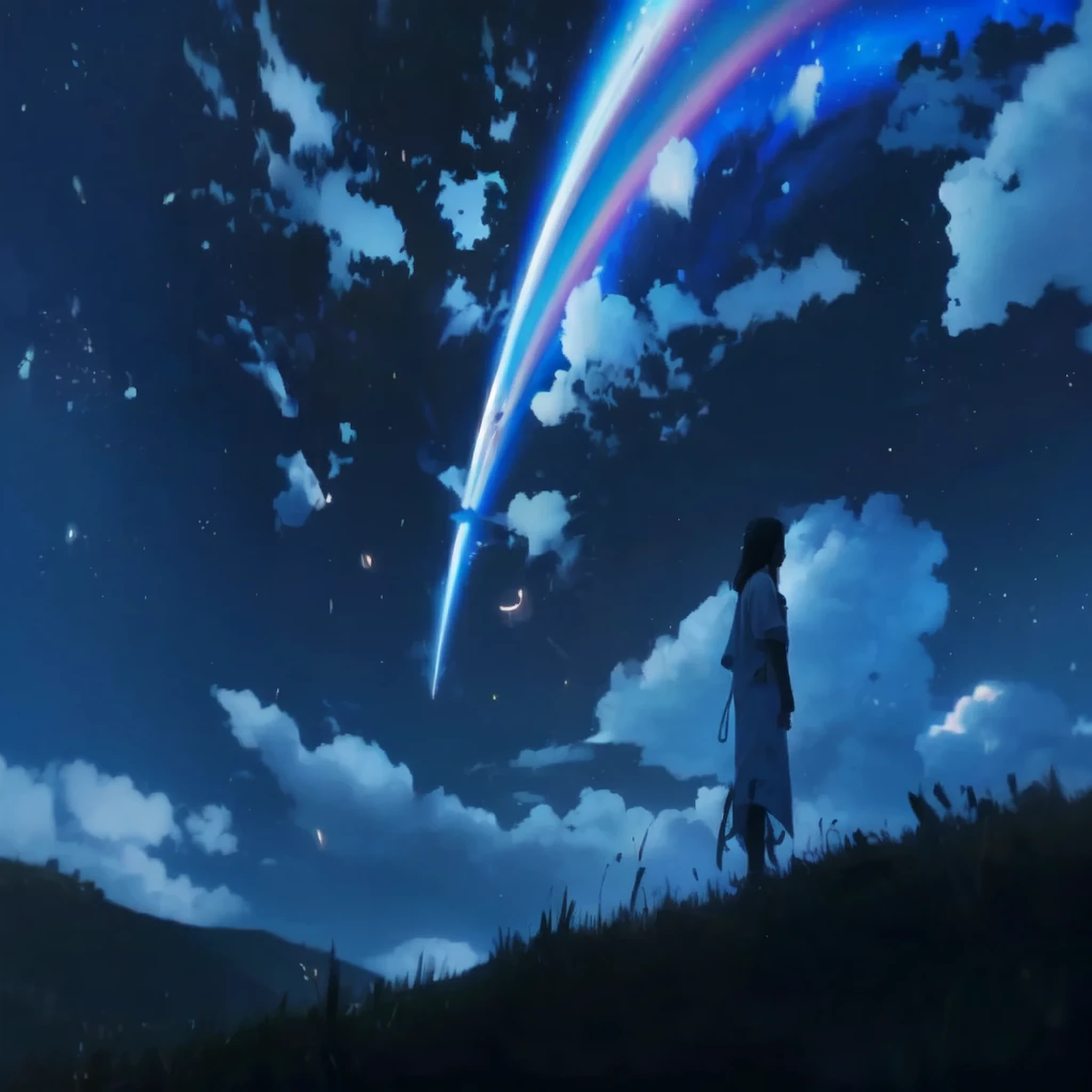 a woman standing on a hill looking at a rainbow in the sky, makoto shinkai. —h 2160, ( ( makoto shinkai ) ), your name movie style, makoto shinkai movie, makoto shinkai cyril rolando, cosmic skies. by makoto shinkai, your name, makoto shinkai and bioware