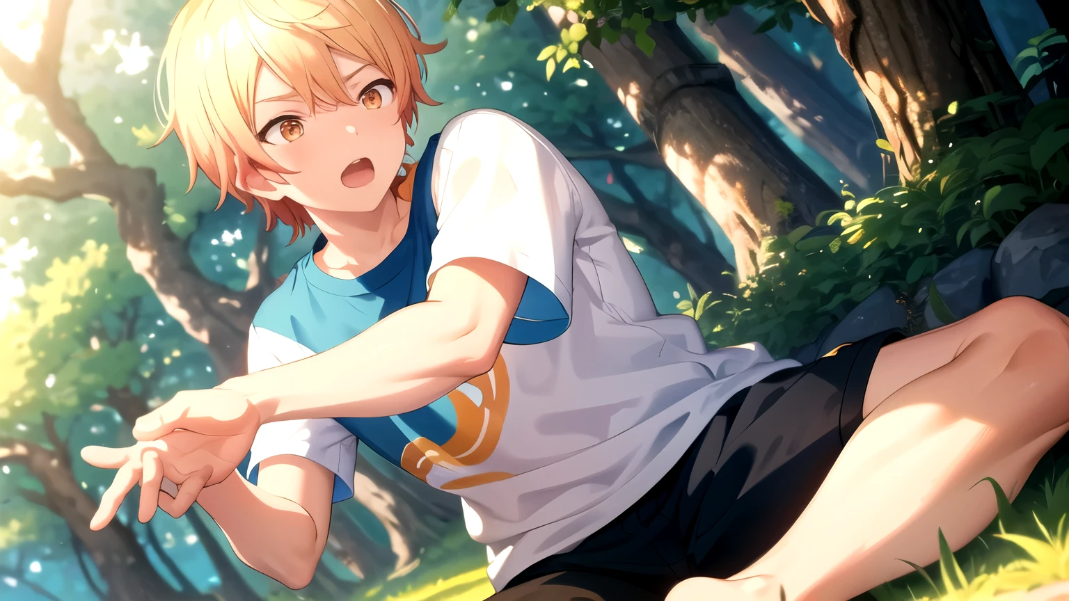 10ma_t, open mouth, hair between eyes, blonde hair, shirt, 1boy, male focus, outdoors, collared shirt, black shorts, tree, orange eyes, leaf, barefoot, blue T-shirt, nature, forest, focus feet, sitting, black foot sole