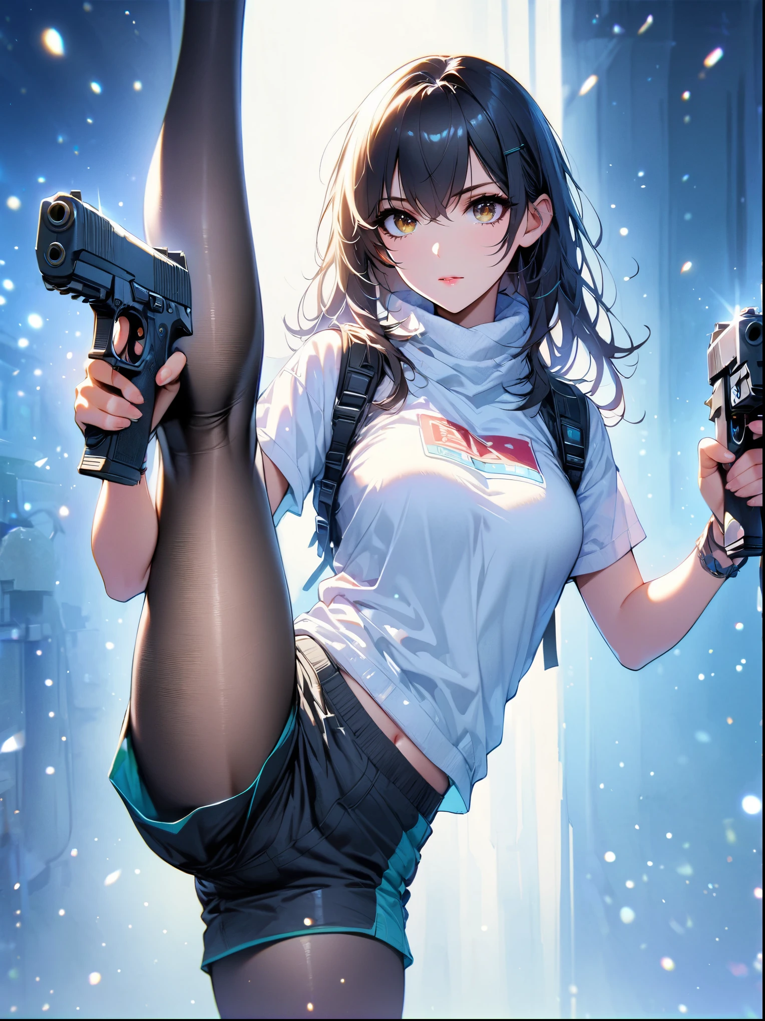 (best quality:1.2), 1 girl, standing_split, long black hair, white turtleneck sweater, sports Shorts, pantyhose, Beautiful and delicate eyes, Beautiful and delicate lips, Extremely detailed eyes and face, long eyelashes, bright colors, professional, Super detailed, actual, studio lighting, Physically based rendering,holding gun with both hands,Aim at you