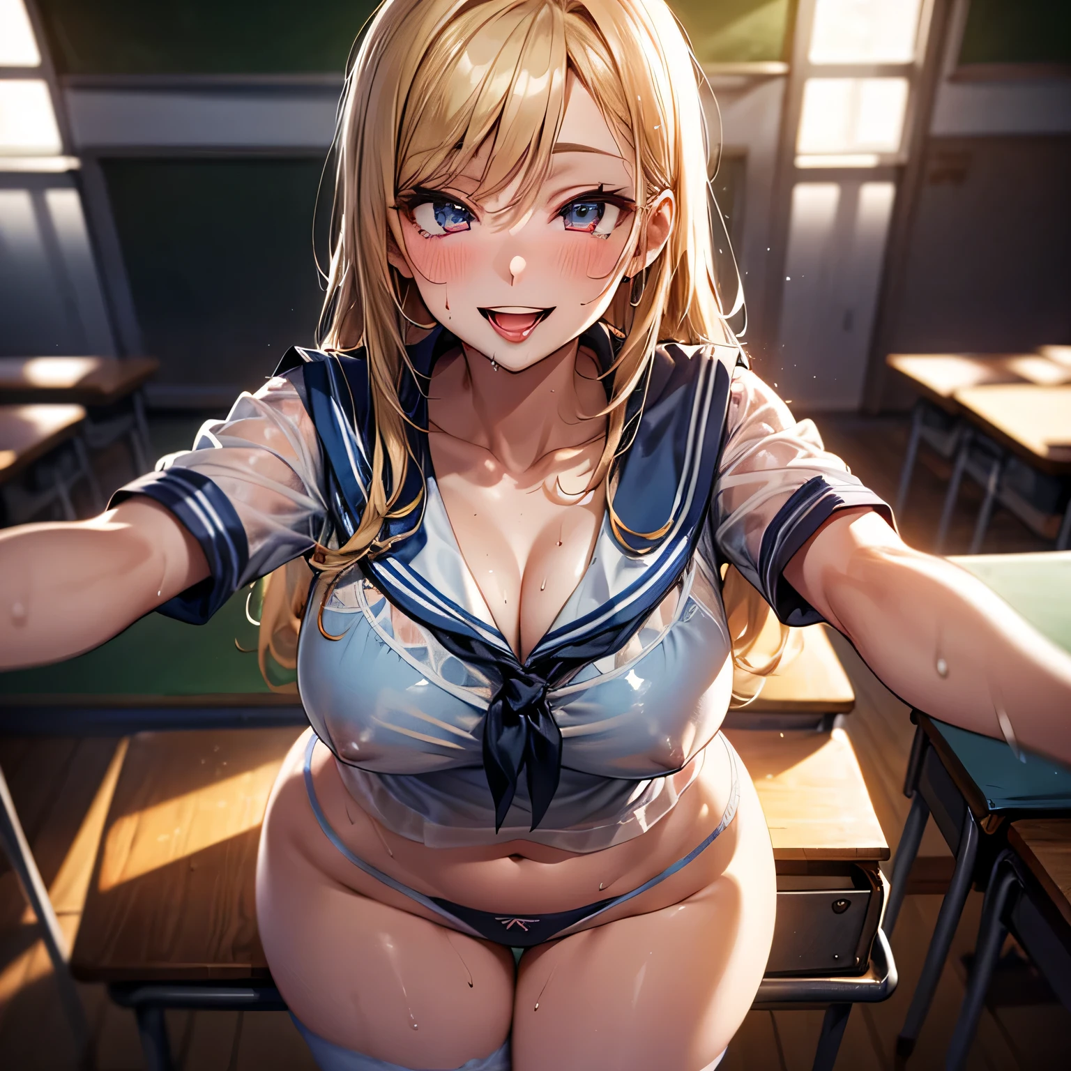 best quality,ultra-detailed,high resolution,extremely detailed CG,perfect anatomy,detailed,cinematic lighting,beautiful detailed eyes,ultra high res,pov,1girl,MILF,milf,gleaming skin,oil skin,large breasts,wide hips,skindantation,sweat,humid,clothed,curvy, (night:1.1),(moody lighting:1.3),(classroom:1.5),blue red pink white,dashed eyes,(erotic underwear:1.4),(seductive smile:1.8),(sweat:1.2),(open mouth:1.3),blonde,(see-through:1.3),(serafuku:1.5)