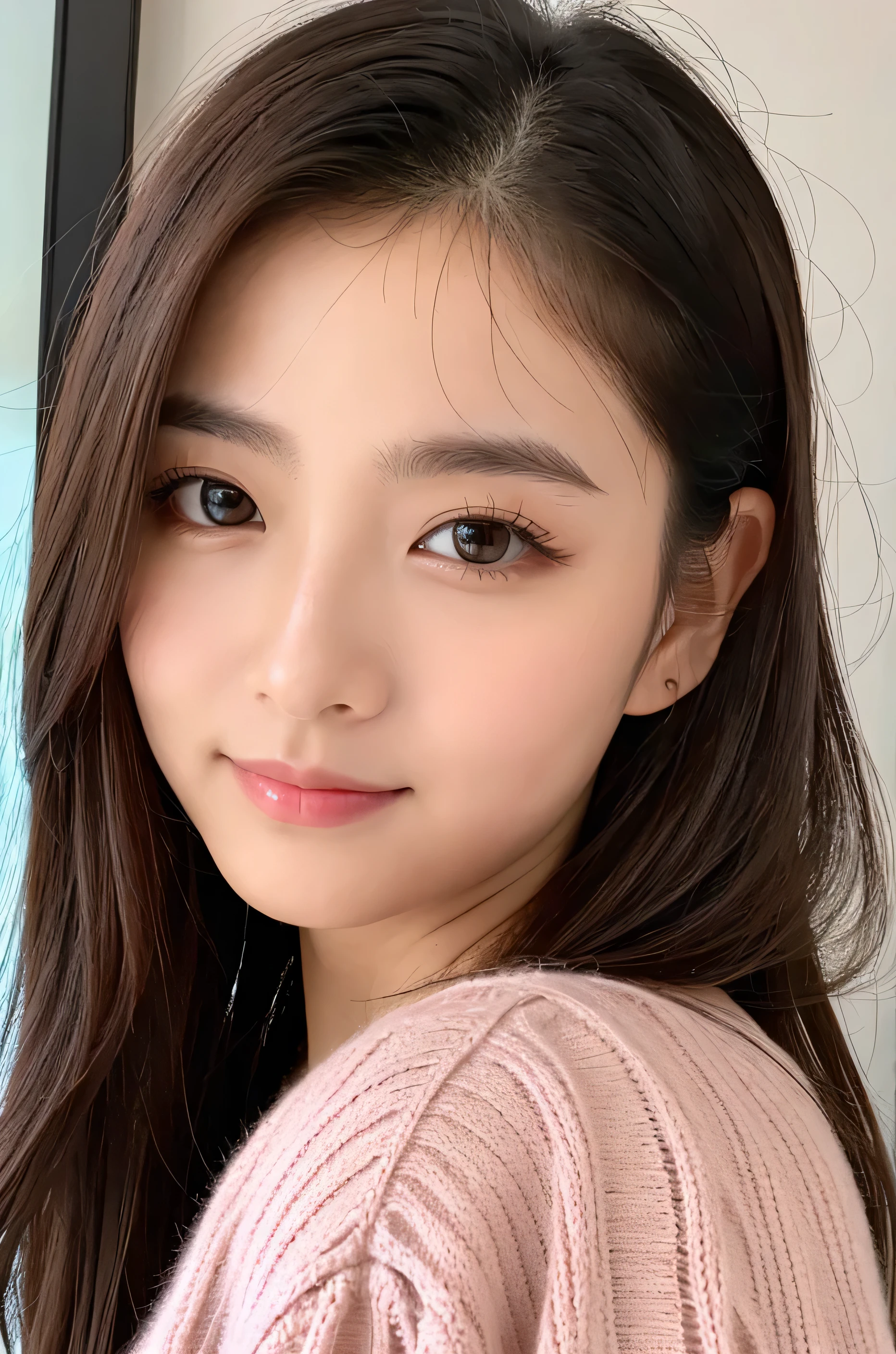 woman、super detailed face、double eyelid, medium hair、No bangs、beautiful hair、clear eyes、knit sweater、pink、Glossy skin, small head、whole body
