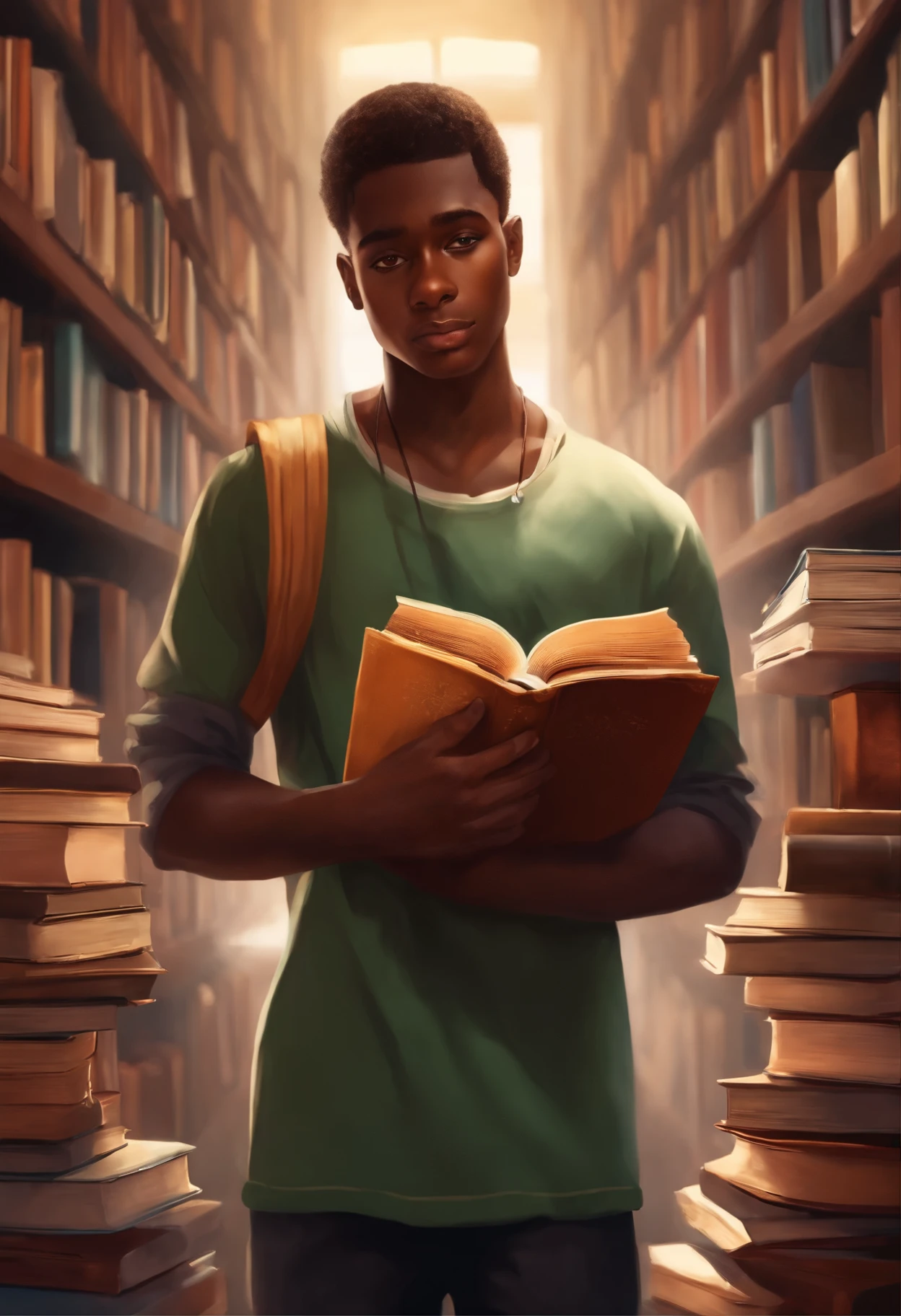 A black young man holding books without hope