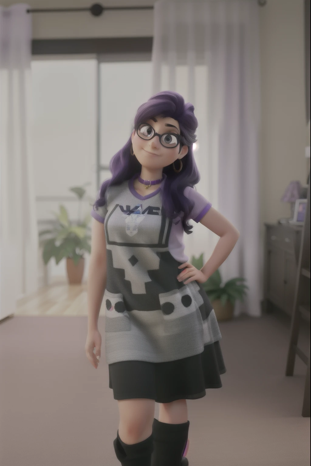 with black-rimmed glasses and Pixar-style purple highlighted hair, alta qualidade, melhor qualidade