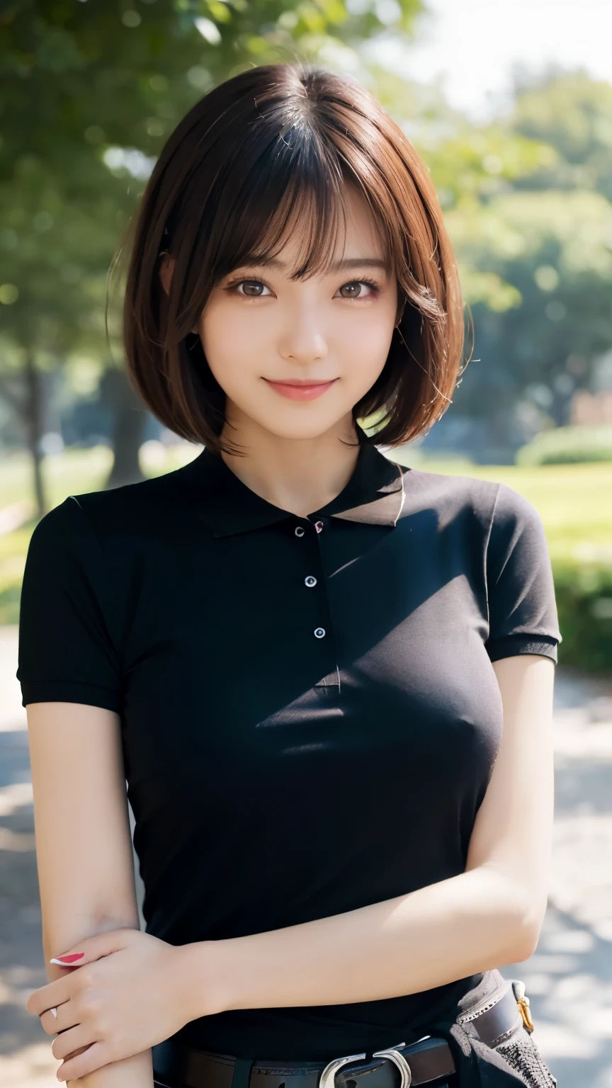 (((1girl)))((best qualtiy, 8K, tmasterpiece:1.3)),((Sharp:1.2, perfect figure beautiful woman:1.4, Slim abs:1.2)), ((Layered Hair Style, huge tit:1.3)),((Highly detailed facial and skin texture,A detailed eye,Black eye,double eyelid, droopy eyes)),(japan girl:1.5)(Brown Hair,Bob Cut)(Polo shirt:1.8),(in park:1.3)Impish Smile