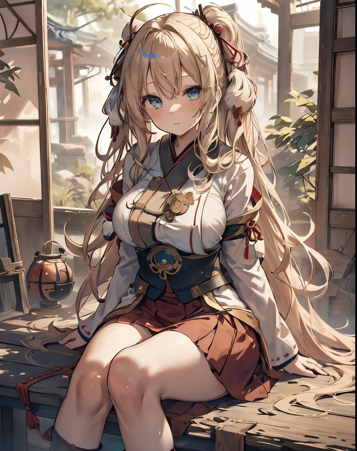 masterpiece,1girl, sparrow, a blonde haired girl, wearing a japanese priestess uniform, curly long hair, messy hair, red skirt, slim body, big breasts, she close her left eye, shirt ornament, ****ppai, lovely expression, beautiful breasts, rounded breasts, aqua eyes, dress, miniskirt, sit at forest, ahoge, hair ribbon