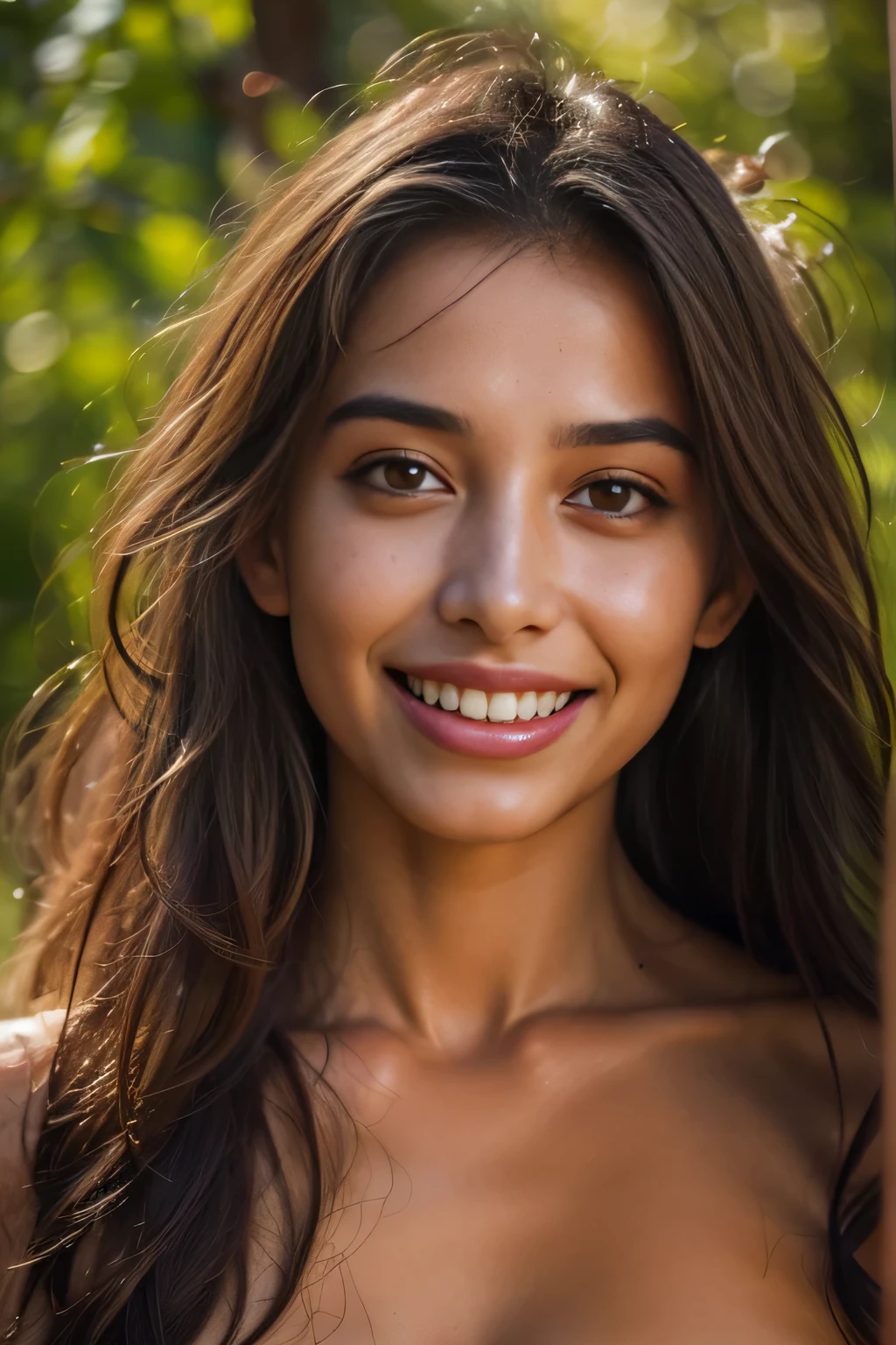 (highest quality,4k,High resolution,masterpiece:1.2),super detailed,(realistic,photorealistic:1.37), 1 beautiful nude Spanish girl, super detailed beautiful eyes, thick eyebrows, luscious lips, flowing brunette hair, (hyper detailed moist skin texture:1.2), (captivating smile:1.5), rich texture, Italy, Tuscany region, rural, soft clean focus, realistic lighting and shading, (an extremely delicate and beautiful art), (artistic nude portrait:1.4), soft and natural lighting, (NSFW:1.4), (dancing happily:1.4), toned body and abs, beautiful nipples, Under the beautiful sunlight filtering through the foliage, (seductive smile:1.5), (no makeup:1.2)