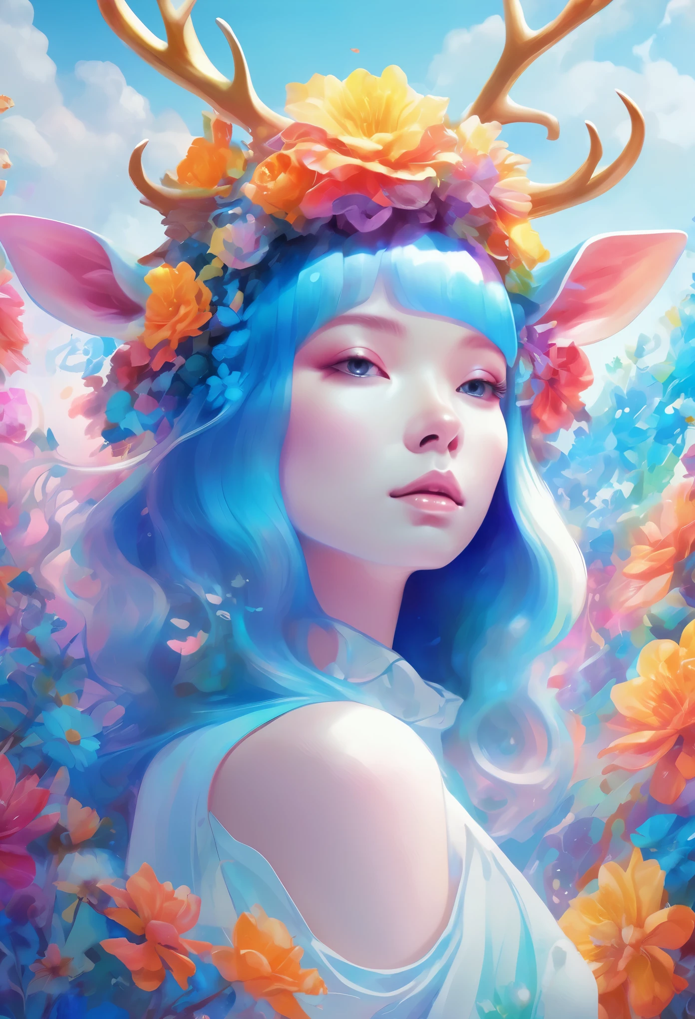 (psychedelic art:1.5), (view from below:1.2),girl,personification,big color block,white,blue, Upper body, eyes closed,deer ,There are flowers,