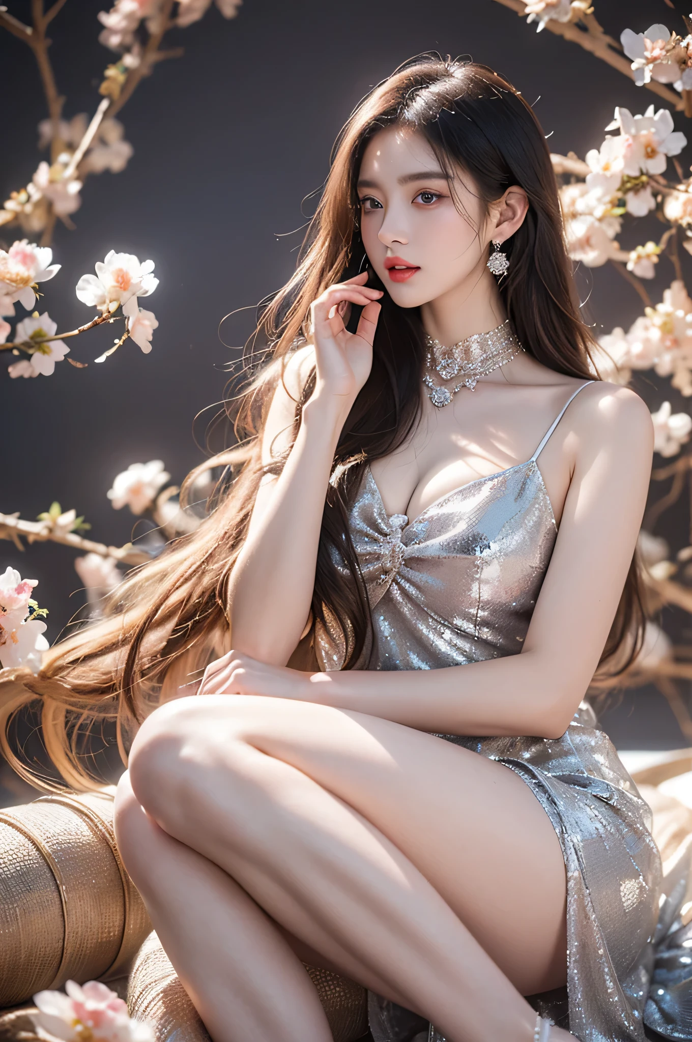 high quality work,realistic works,super premium graphics,8K high-definition CG works,High quality graphics,High-definition and exquisite CG works,10x pixels,Ultra-fine details:1.1,Advanced technical details:1.1Realistic photo effects,Indoor lightingLight effect:1.5,natural soft light:1.5. Light effect(Virtual light Light effect:1.8),ultra high resolution,shinystraight dress,silver long hair,silver hair,transparent hair,High detail hair(Premium hair details:1.1)clear eyes,Double eyelids look good,sharp eye makeup, Create exquisite eyelash makeup, thin eyebrows, super detailed eyes,high nose, cute red lips, rosy cheeks, Exquisite makeup on the face , Good face shape, Perfect face proportions,(Advanced facial details:1.3)sparkling luxury gown collection,straight dress,sequin coat,shiny,tight long skirt,summer sexy butt-wrapped fishtail sleeveless commuter maxi skirt,Horse socks 100%Oily Panster glossy silk 8D black silk women'clothing'worn out's,clothes look good,(ever-changing high fashion collections:1.5),dress photography,Authentic clothing creation,In the banquet hall,female artwork,Full body video wear,realism,Amazing cleavage,My eyes are very bright today