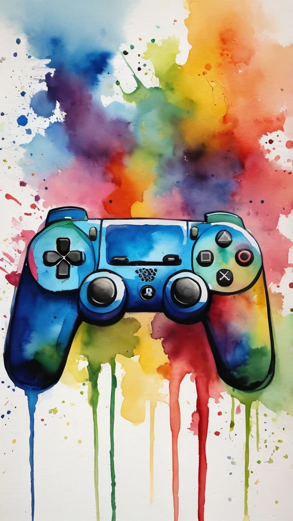 colorful playstation controller,masterpiece，intricate details,watercolor painting,rich colors