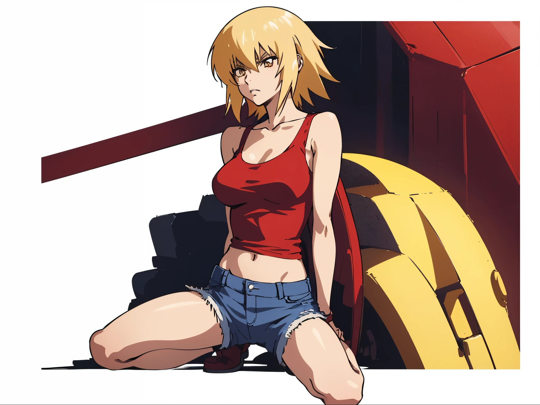 金髪とred tank topを着たanime woman on the desert, very short blonde woman, Yellow-eyed woman, solo, anime womanが立っている, clothing:red tank top, big breasts, woman with very large breasts, jeans, anime girl, outdoor, かっこいいanime woman, anime womanが立っている, tall woman, adult sex appeal, anime woman, tank-top with an red, anime style characters, jeans with an women, female focus, perfect body, pretty anime woman, full body, anime best women, 8k!!, High resolution!!,