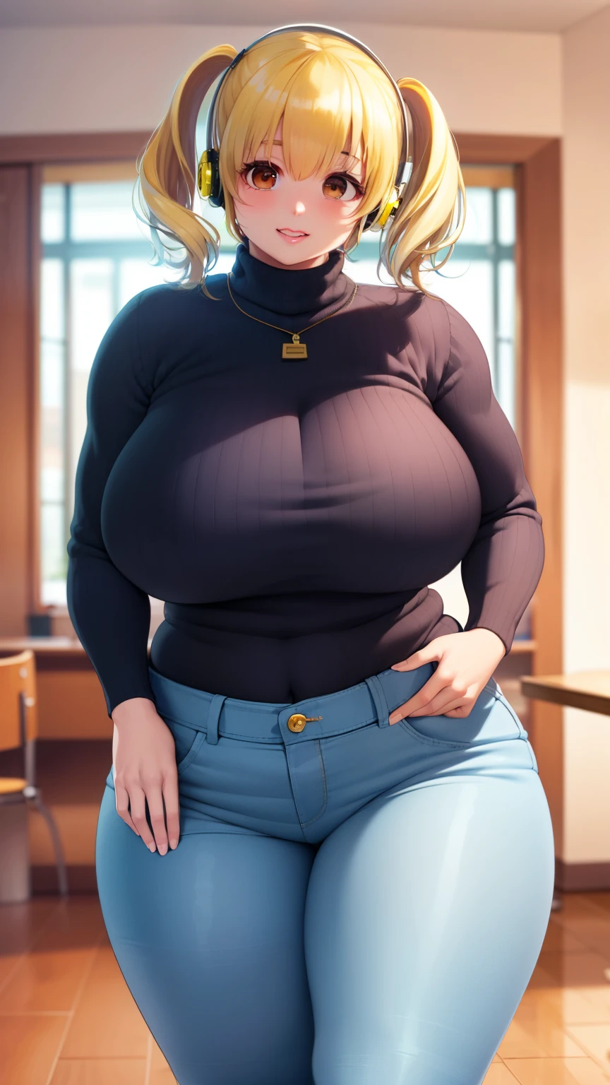 Super Pochaco, looking at the viewer, swollen lips, thick lips, wide hips, thick thighs, The face of longing desire, huge natural breasts, cleavage, mature mom, indoors, modern interior, Red turtleneck sweater, ribbed sweater , jeans, sexy pose, Open the zipper of your pants and show your panties