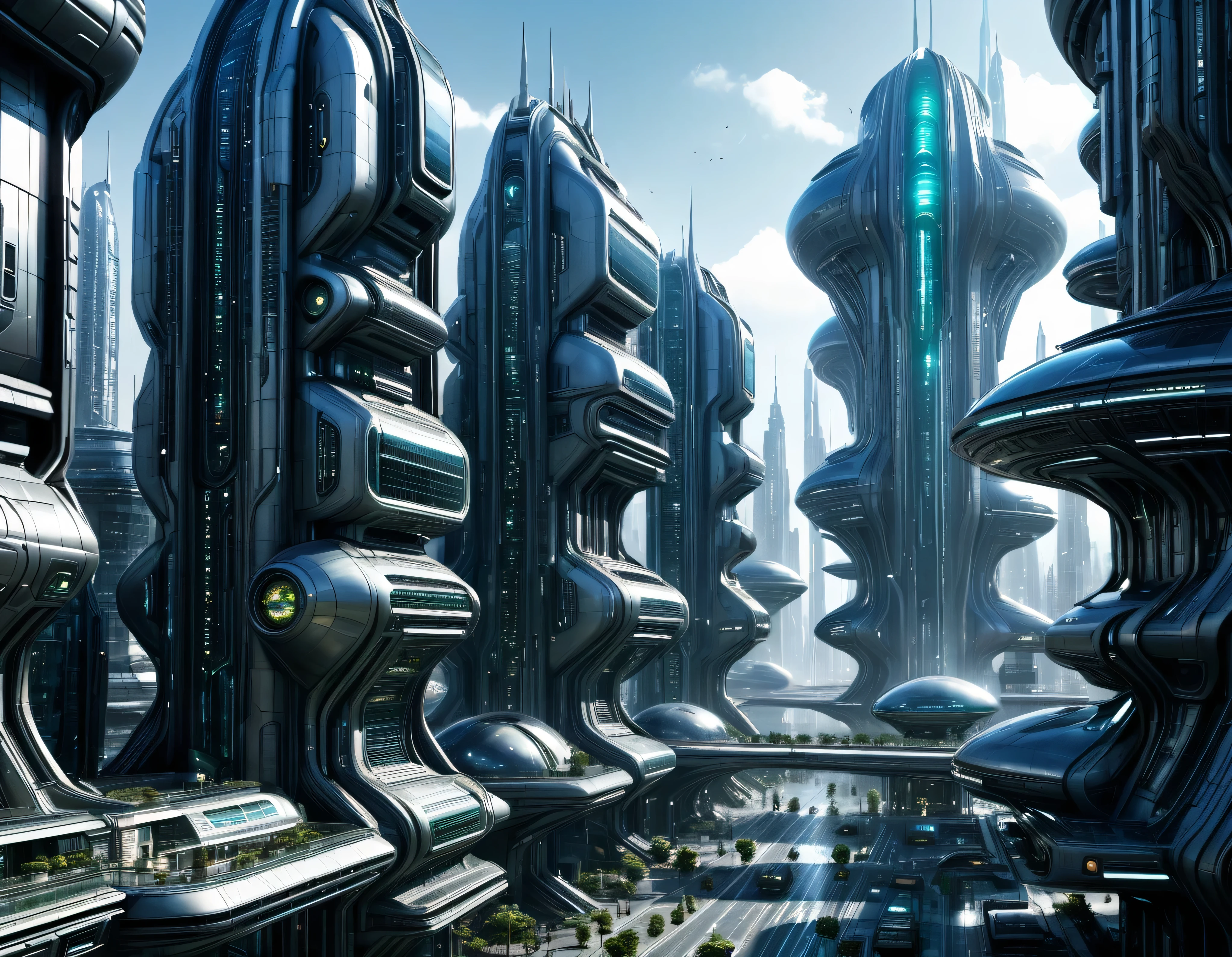 street of an extraterrestrial alien city with futuristic and technological architecture in its metal and glass conglomerado de buildings, some aliens walking around, ventanas iluminadas, all full of imagination, science fiction and (intrincados detalles de la maquina).imagen fotorrealista, Maximum sharpness, calidad 8k.(obra maestra de calidad superior). 3D.