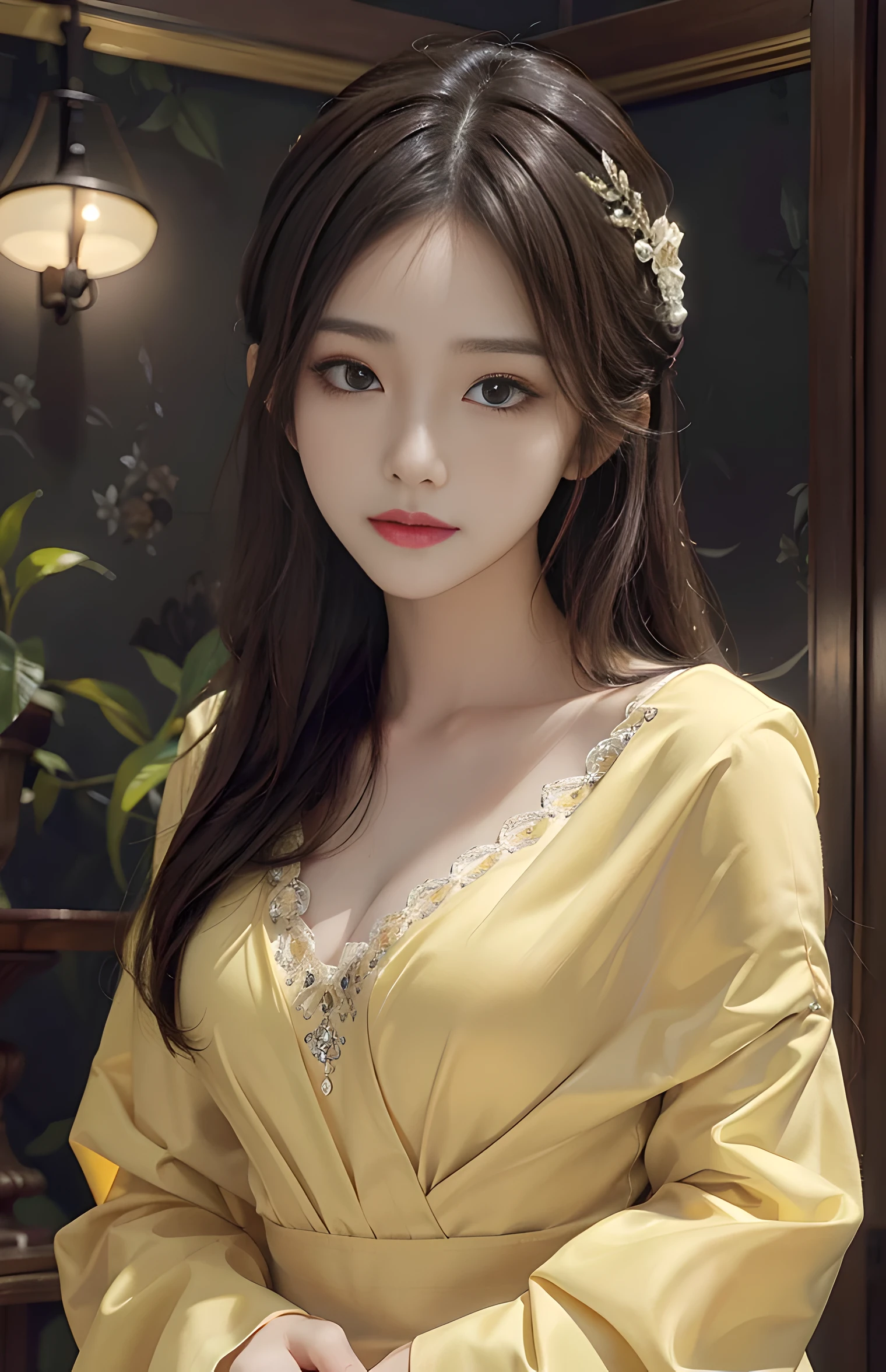 (Hyper-realistic) , (illustratio), (Increase the resolution), (8K), (extremely detaile), (Most Best Illustration), (Beautiful and delicate eyes), (best qualtiy), (ultra - detailed), (masterpiece), ( the wallpaper), (Detailed face), solo, looking at viewert, exquisite detailing, Detailed face, in the darkness nigth, deep shading, low tune,pureerosfaceace_V1, ssmile,long straight hair,Yellow shawl, 46 points oblique bangs,plump breasts, sexy, popular korean makeup, popular south korean makeup
