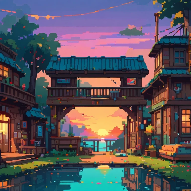 ultra-detailed,vivid colors,sunset lighting,masterpiece:1.2,medium,detailed pixelated characters,dynamic backgrounds,colorful landscapes,retro gaming,80s vibes,lively cityscape,varied architectural styles,neon signs,reflection effects,flawless pixelation,meticulously crafted sprites,smooth animations,immersive storytelling,endless possibilities