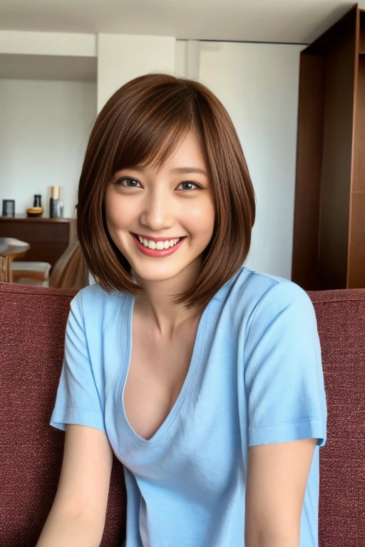 highest quality, Photoreal, finely, High resolution, 8k wallpaper, detailed and beautiful eyes, (shortcut、bob hair)、brown hair、(brown eyes)、((big breasts:0.7)),、(Clothes with emphasis on the chest)、underboob、Navel exposed、(panties)、spread legs、young japanese、Big eyes:1.2、double eyelids、sharp outline、Shiny skin、toned body、slim body:1.2.stare at the viewer
