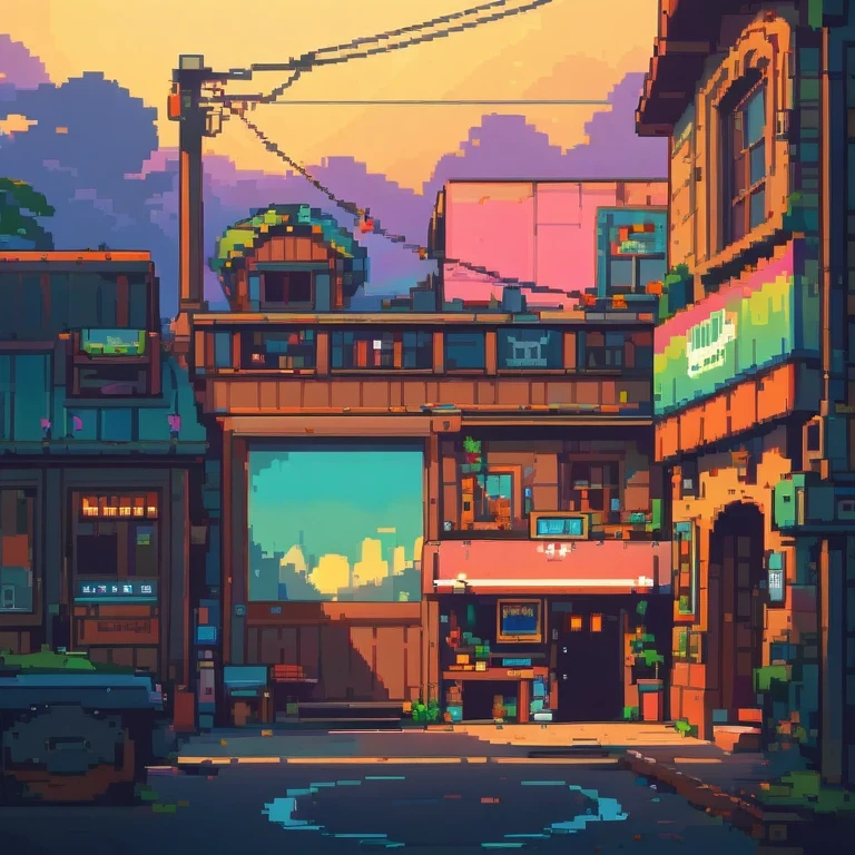 ultra-detailed,vivid colors,sunset lighting,masterpiece:1.2,medium,detailed pixelated characters,dynamic backgrounds,colorful landscapes,retro gaming,80s vibes,lively cityscape,varied architectural styles,neon signs,reflection effects,flawless pixelation,meticulously crafted sprites,smooth animations,immersive storytelling,endless possibilities