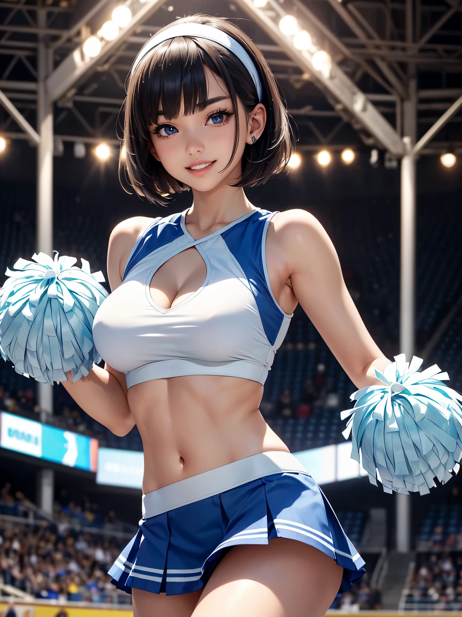 (masterpiece:1.3), (8K、best quality:1.4), (Highest image quality, intricate details, high resolution, depth field, Natural light, professional lighting), (1 girl), (solo), (asian girl, very beautiful 18 year old cartoon girl), (very beautiful woman、Beautiful woman full of charm, 美しい銀髪のbob cut, intense blue eyes, strong eye highlights, very big breasts, perfect anatomy, dynamic lighting, lip gloss), Beautiful face with perfect symmetry, beautiful detailed woman, very beautiful detailed face, very beautiful detailed eyes, Smile at the audience, laughing very happily, beautiful teeth, beautiful teeth alignment, Super detailed, very detailed, beautiful teeth, beautiful teeth alignment, Super detailed, very detailed, ((Detailed cheerleader:1.2)), light shines on your face, ((dynamic pose)), bob cut, crossed bangs, asymmetrical bangs, long neck, please show me your ears, Bansig's eyes, eyelash, cute, very big breasts、very beautiful and big, very beautiful breast shape, beautiful cleavage, tall supermodel, Supermodel with long legs, Supermodel dressed as a cheerleader, take a pose, Dressed as a cheerleader, close-up of woman, towards the camera, laughter, (cheerleader costume), ((head band, Sleeveless shirt with open chest, flare skirt, mini skirt)), Young slender gravure idol, young gravure idol, young gravure idol, Stadium background in the daytime