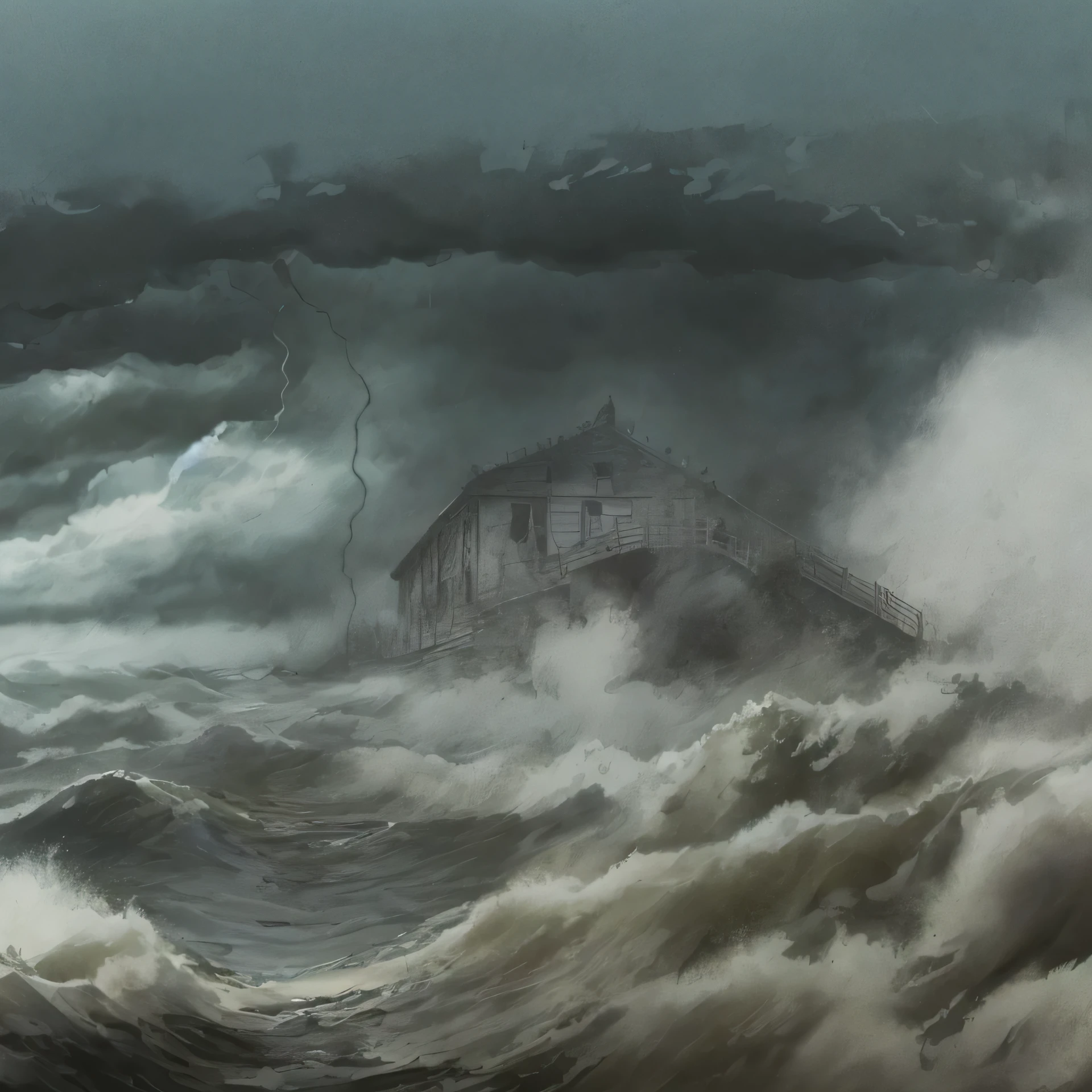 a wide angle, Enter a scene of harrowing tragedy as heavy rain relentlessly falls on a ((Crowd of people drowning in the treacherous ocean, lutando desesperadamente por suas vidas)). As gotas de chuva criam uma cortina de desespero, blurring the vision and intensifying the fight. Cada pessoa luta contra as poderosas correntes, seus gritos de socorro perdidos na tempestade. The image must capture the desperation and vulnerability of those caught in the grip of the relentless elements.. The rain-soaked figures struggling in the water were meant to evoke a sense of urgency and anguish.