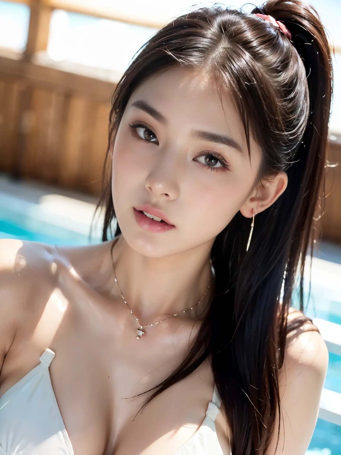 ((((highest quality))))、(((Ultra-precision CG16K wallpaper)))、(((masterpiece)))、(((Super detailed)))、(((super extreme details)))、1people's women、mature woman、24 year old woman、((Japanese face))、((very beautiful face))、((Beauty:1.5))、((Straight ponytail hair:1.3、blunt bangs))、(shiny brown hair)、beautiful delicate eyes、brown eyes、raised eyebrows、high nose、small nostrils、small mouth、seductive lips、beautiful breasts、((C cup size breasts))、cleavage、plump body、(Chubby body type)、perfect proportions、perfect anatomy、perfect composition、beautiful detailed shading、beautiful natural lighting、beautiful detail glow、Depth of the bounds written、(((High chroma)))、(((real:1.9)))、((vivid:1.5))、((edge:1.6))、((beautiful skin))、((skin texture))、((realな皮膚感))、(((bust shot:1.6)))、((Angle seen from the front:1.6))、((Surprised face with open mouth:1.6))、(leaning forward pose:1.6)、Bright daylight、Natural light、(((blush、sexy、pleasure、trance:1.8)))、((half-open lips:1.7))、((necklace、Wearing earrings:1.3))、(((Ivory color bikini swimsuit clothes:1.6)))、
