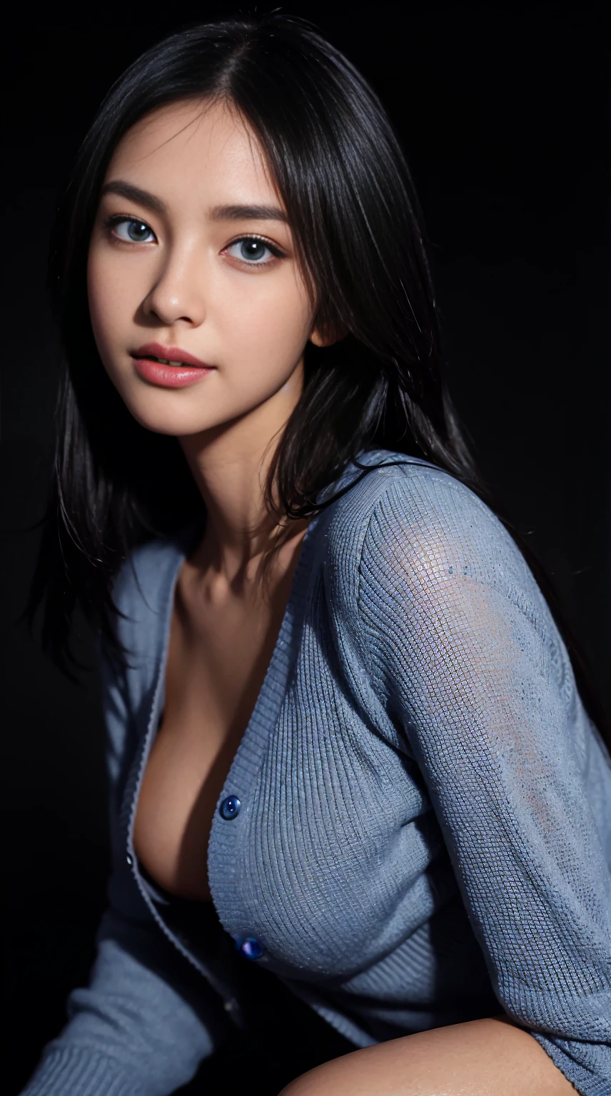 8K, top quality, intricate details, Ultra-detailed, ultra high resolution, masterpiece, close-up, (whole body: 1.1), thin and long, Smile, (cosmetic: 0.4), (毛茸茸的blue eyes: 1.21), blue eyes, ((whole body)), 1 girl, alone, 1 girl, (( whole body)), close-up, , ((High)), (((toned body))), (((face slimming))), Pointed face, sharp vision, (( black hair, long hair, Random hairstyle )) , (Detailed face), Pointed face, small lips,
((cardigan)), Detailed face, Detailed breasts, , Big breasts, Detail ass, , beautiful girl,Have slender abdominal muscles: 1.4, Six-pack: 1.4, Bust Botox, big deal, Perfect body, detail legs, (( dark background)), black background,