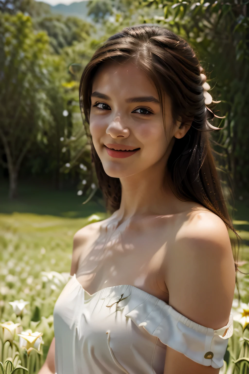 best quality, Masterpiece, Ultra high resolution, (realistic:1.4), raw photos, 1 girl, white dress, off shoulder, Field of blooming flowers, Glowing skin, Smiling softly