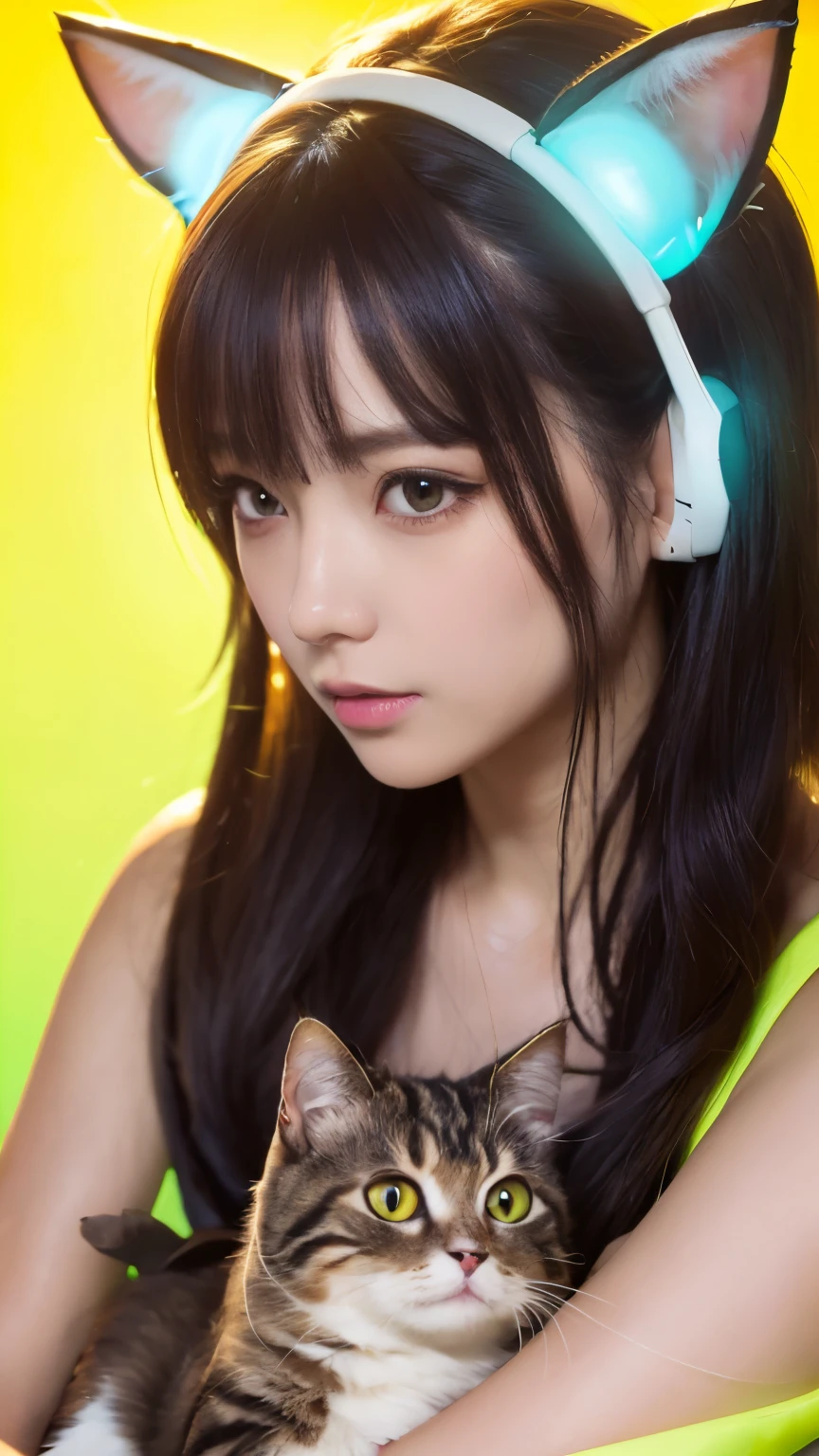 masterpiece, 4k, Bokeh, beautiful face, Harem, (multiple girls:1.4), (Group Photo:1.5), (Cat ears:1.3), (white bob hair:1.3) , looking at the viewer, cowboy shot, holding many cats in both hands, (Neon yellow background :1.4), closeup