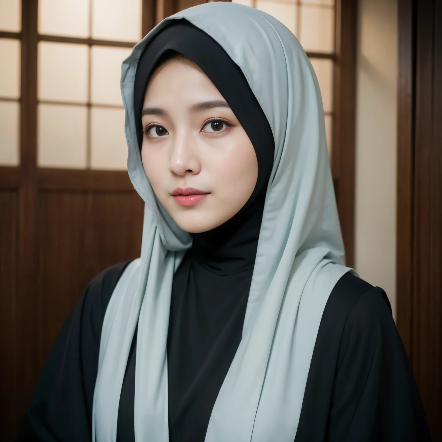 Muslim girl, hijab, (8K, RAW photo, highest quality, High resolution:1.1), (hyperrealistic:1.4),(realistic, photorealistic:1.3), soft light,realistic face,realistic body,realistic skin,disorganized,masterpiece,(cute:1.8), 17 years old, baby face, Big breasts,(big:1.2),fine black eyes,innocent eyes,droopy eyes,Watery eye,open lips,blush,good style,colorful lights,film Grain,smile,full Body,blurred background,young,85mm lens, f/ 1.4,professional lighting,portrait,photon mapping,radio city,Physically based rendering,japanese girl, wearing black matte hijab, black abaya, twirling hijab, sky blue jacket, reading al quran, in a bussy mosque,