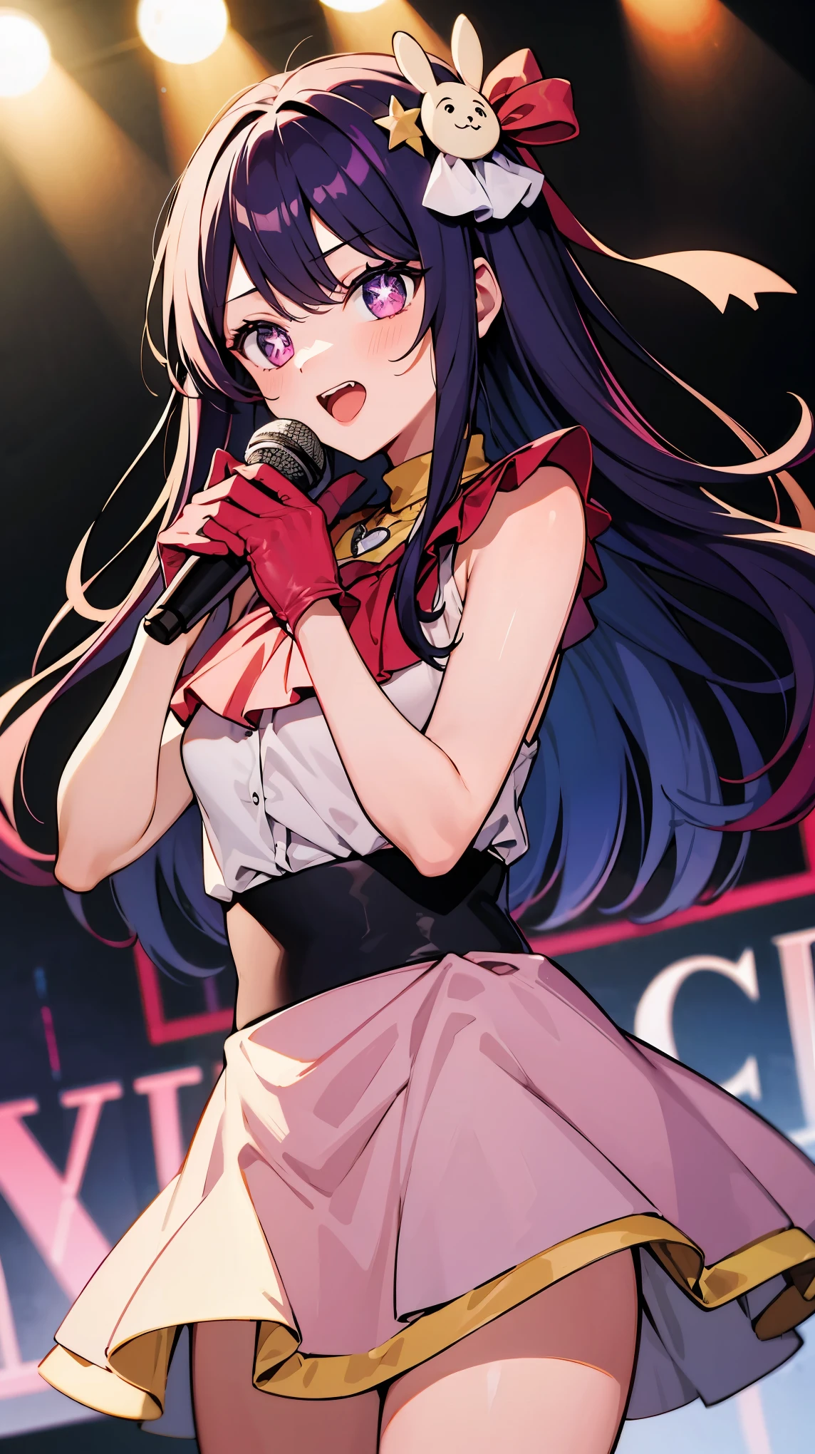 ((masterpiece, best quality, highres)), depth of field, 
BREAK, 1girl, standing, holding a microphone, singing, cowboy shot, 
BREAK, (stage),     
BREAK, hoshino_ai, long_hair, purple_eyes, bangs, purple_hair, long hair,  hair_ornament, hair ornament, star_(symbol), symbol-shaped_pupils, 
BREAK, dress, yellow collar, heart pendant, (pink skirt), glove,