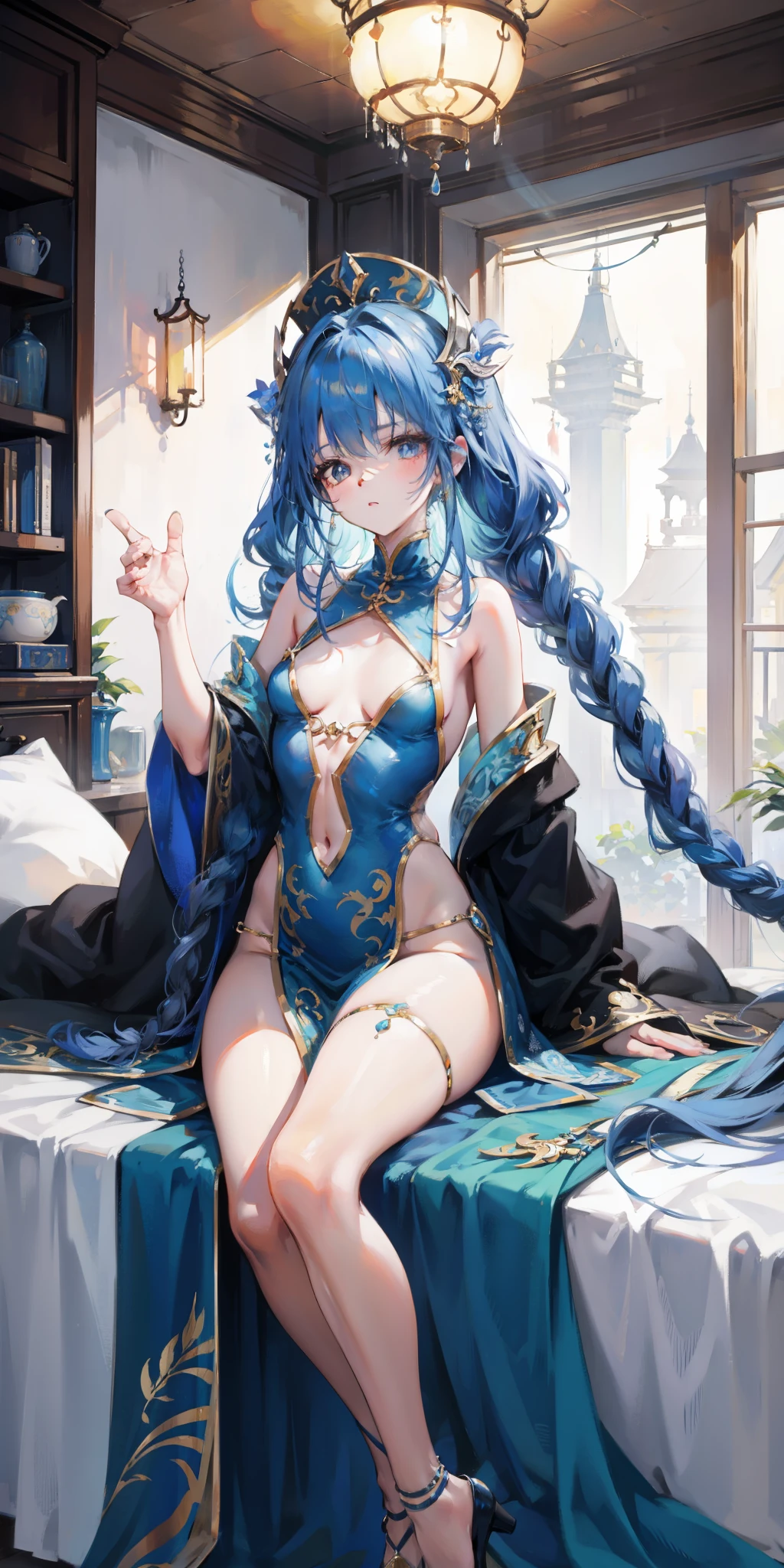 long blue hair,Scorpion-tailed braids,Put on the clothes of the little dance of Douluo Continent,Is a beautiful and sweet girl Koser