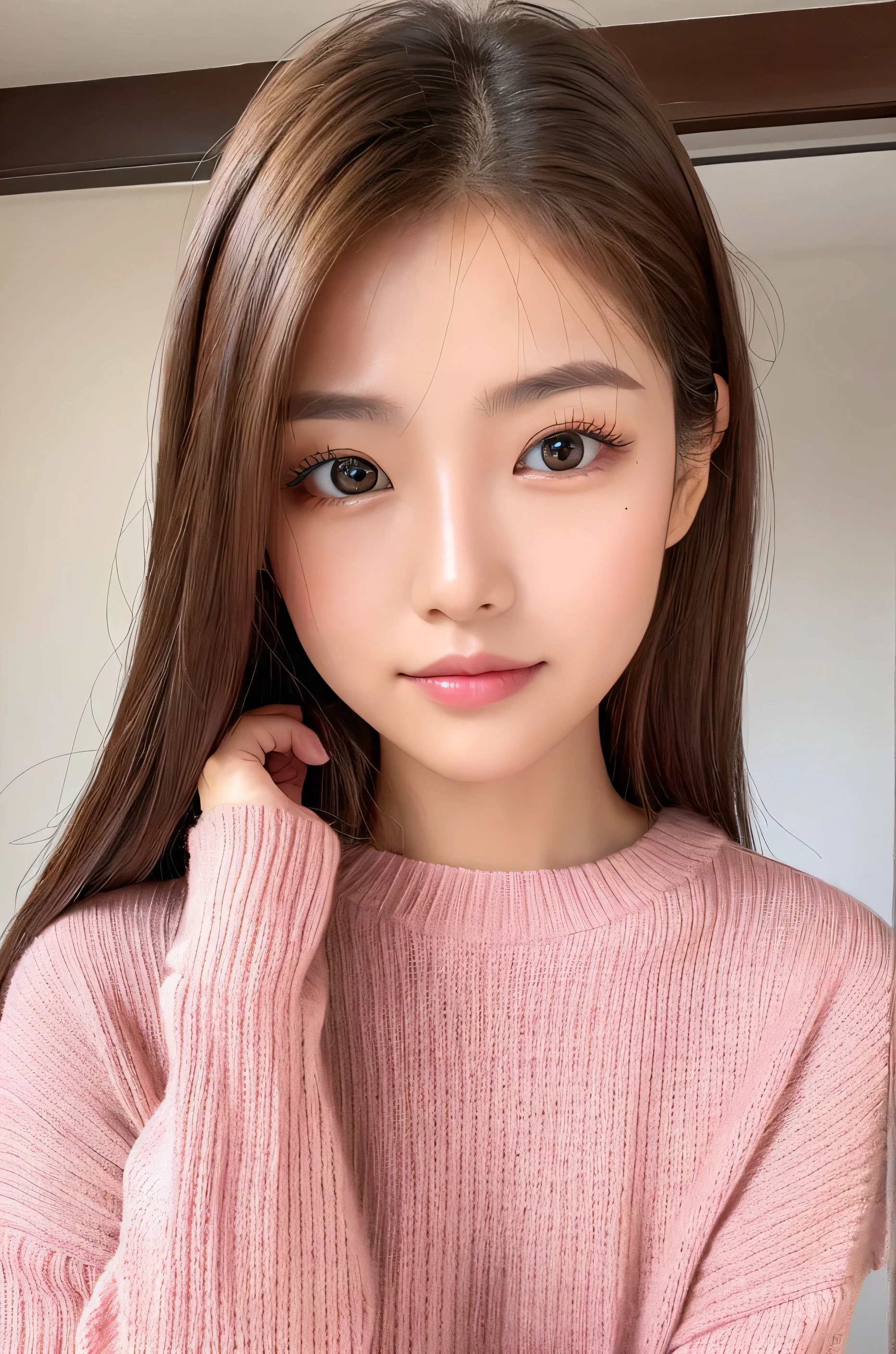 woman、super detailed face、double eyelid, medium hair、No bangs、beautiful hair、clear eyes、knit sweater、pink、Glossy skin, small head、whole body
