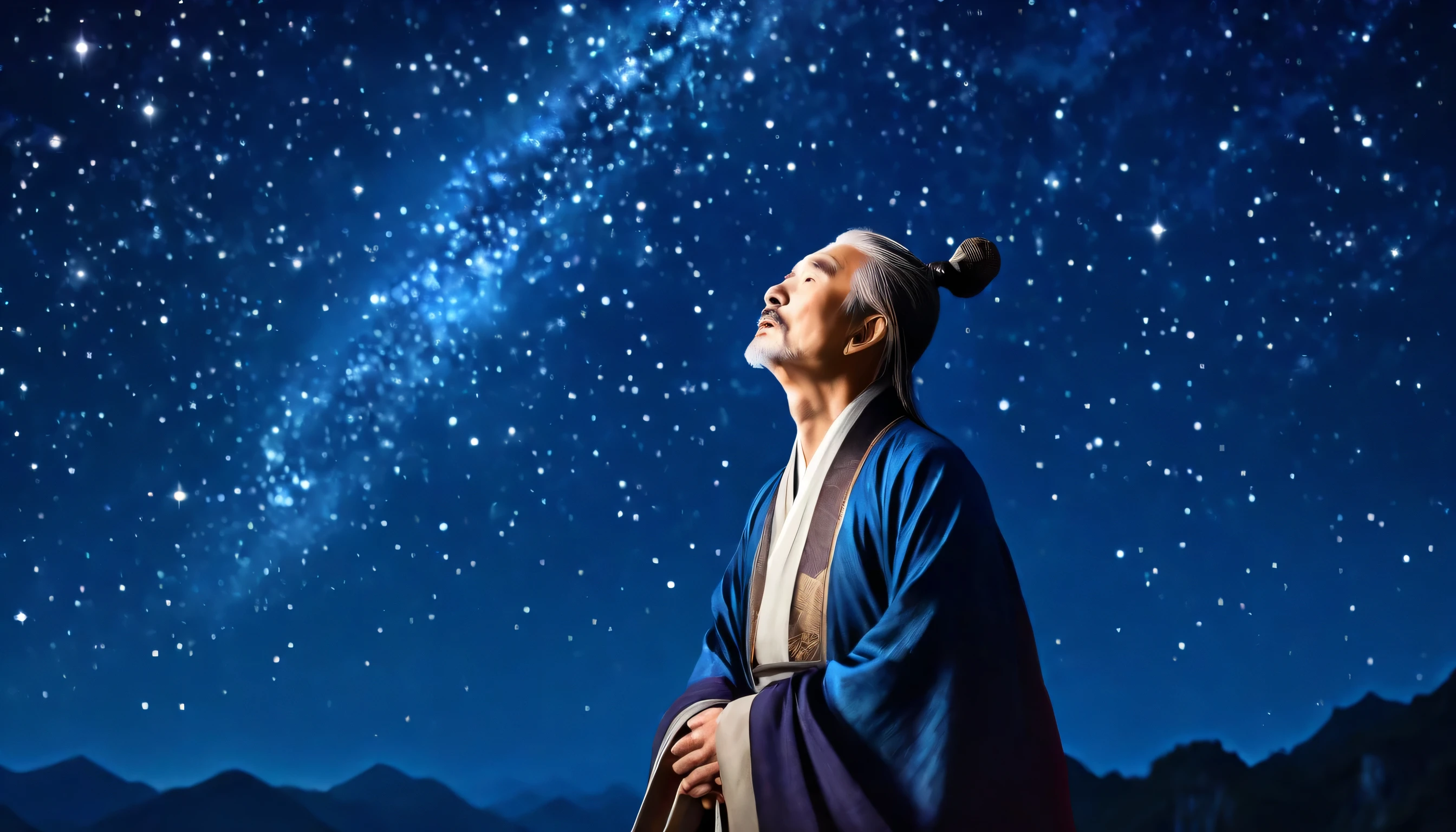 A middle-aged man in ancient Chinese costume looks up at the starry sky in ink style, high-definition ultimate picture quality 8K