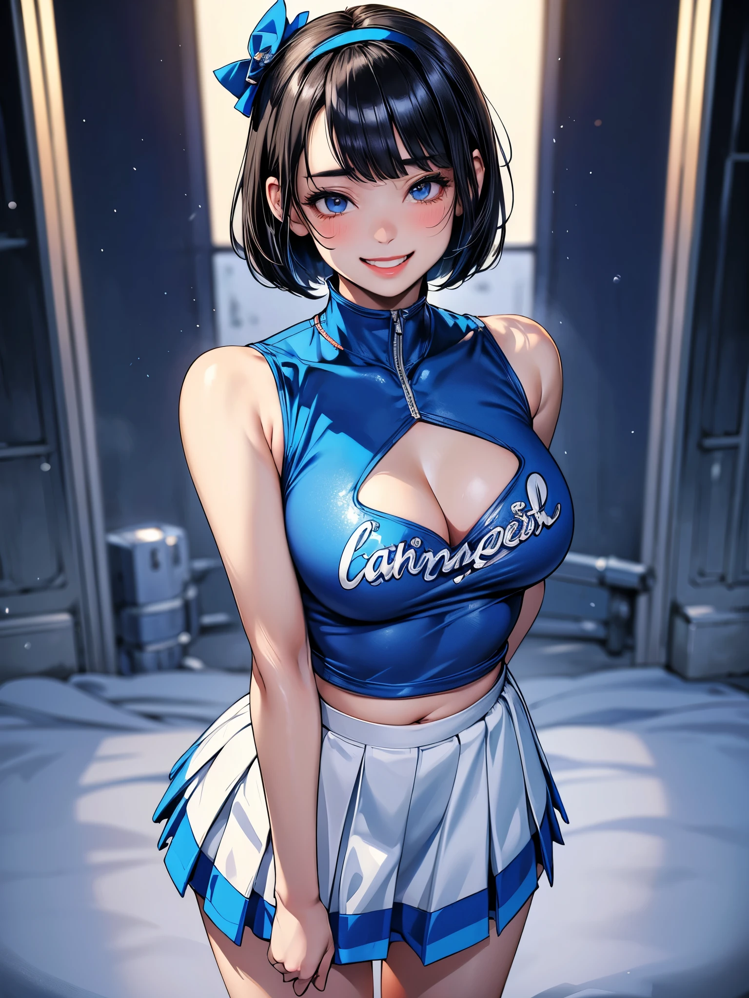 (masterpiece:1.3), (8K、best quality:1.4), (Highest image quality, intricate details, high resolution, depth field, Natural light, professional lighting), (1 girl), (solo), (asian girl, very beautiful 18 year old cartoon girl), (very beautiful woman、Beautiful woman full of charm, 美しい銀髪のbob cut, intense blue eyes, strong eye highlights, very big breasts, perfect anatomy, dynamic lighting, lip gloss), Beautiful face with perfect symmetry, beautiful detailed woman, very beautiful detailed face, very beautiful detailed eyes, Smile at the audience, laughing very happily, beautiful teeth, beautiful teeth alignment, Super detailed, very detailed, beautiful teeth, beautiful teeth alignment, Super detailed, very detailed, ((Detailed cheerleader:1.2)), light shines on your face, ((dynamic pose)), bob cut, crossed bangs, asymmetrical bangs, long neck, please show me your ears, Bansig's eyes, eyelash, cute, very big breasts、very beautiful and big, very beautiful breast shape, beautiful cleavage, tall supermodel, Supermodel with long legs, Supermodel dressed as a cheerleader, take a pose, Dressed as a cheerleader, close-up of woman, towards the camera, laughter, (cheerleader costume), ((head band, Sleeveless shirt with open chest, flare skirt, mini skirt)), Young slender gravure idol, young gravure idol, young gravure idol, Stadium background in the daytime