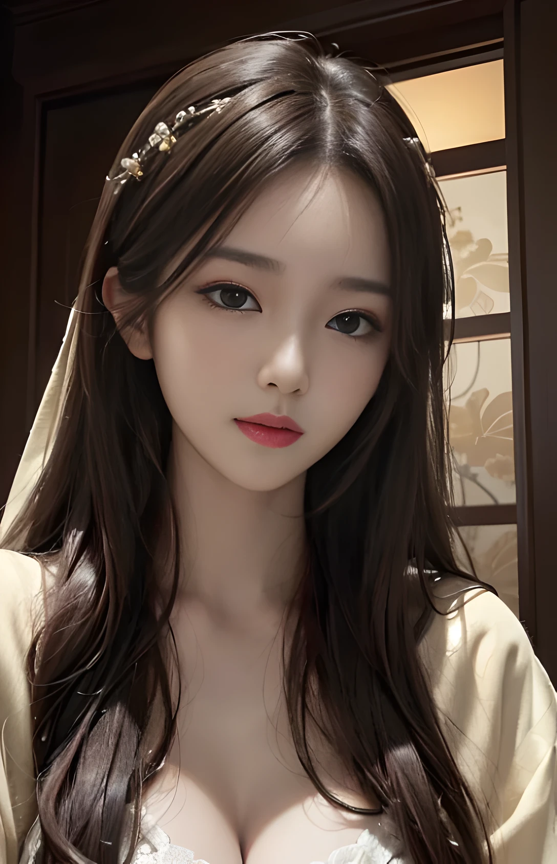 (Hyper-realistic) , (illustratio), (Increase the resolution), (8K), (extremely detaile), (Most Best Illustration), (Beautiful and delicate eyes), (best qualtiy), (ultra - detailed), (masterpiece), ( the wallpaper), (Detailed face), solo, looking at viewert, exquisite detailing, Detailed face, in the darkness nigth, deep shading, low tune,pureerosfaceace_V1, ssmile,long straight hair,Yellow shawl, 46 points oblique bangs,plump breasts, sexy, popular korean makeup, popular south korean makeup