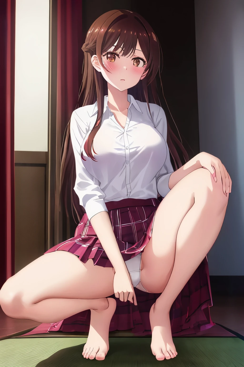 chizuru, 1 girl, length_hair,D cup, blush, Open_mouth, 前hair, Brown_hair, black_hair, Brown_eye,long hair, (blackタイツ), (blackパンスト), (sit with legs spread), (squatting pose), (Composition showing white panties), (her legs spread、I can see white pants.), (I was made to sit on the floor with my legs apart..), (M-shaped spread legs), thin legs, A very beautiful and tall 18 year old girl, (barefoot), blush, 恥ずかしがり屋の大きなeye, looking at camera,purple bra,stomach,plaid pleated skirt,my room