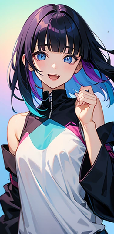 Realistic、1girl、black hair、(blunt bangs:1.3),blue eyes、open stance,(middle hair),(eye focus:1.3,upper body),(gradient eyes:1.3),(colorful clothes:1.3
)、(Open mouth happy smile:1.3),cute face、,(tareme:1.3),(small breasts:1.3),(pop of color background:1.5),colorful
