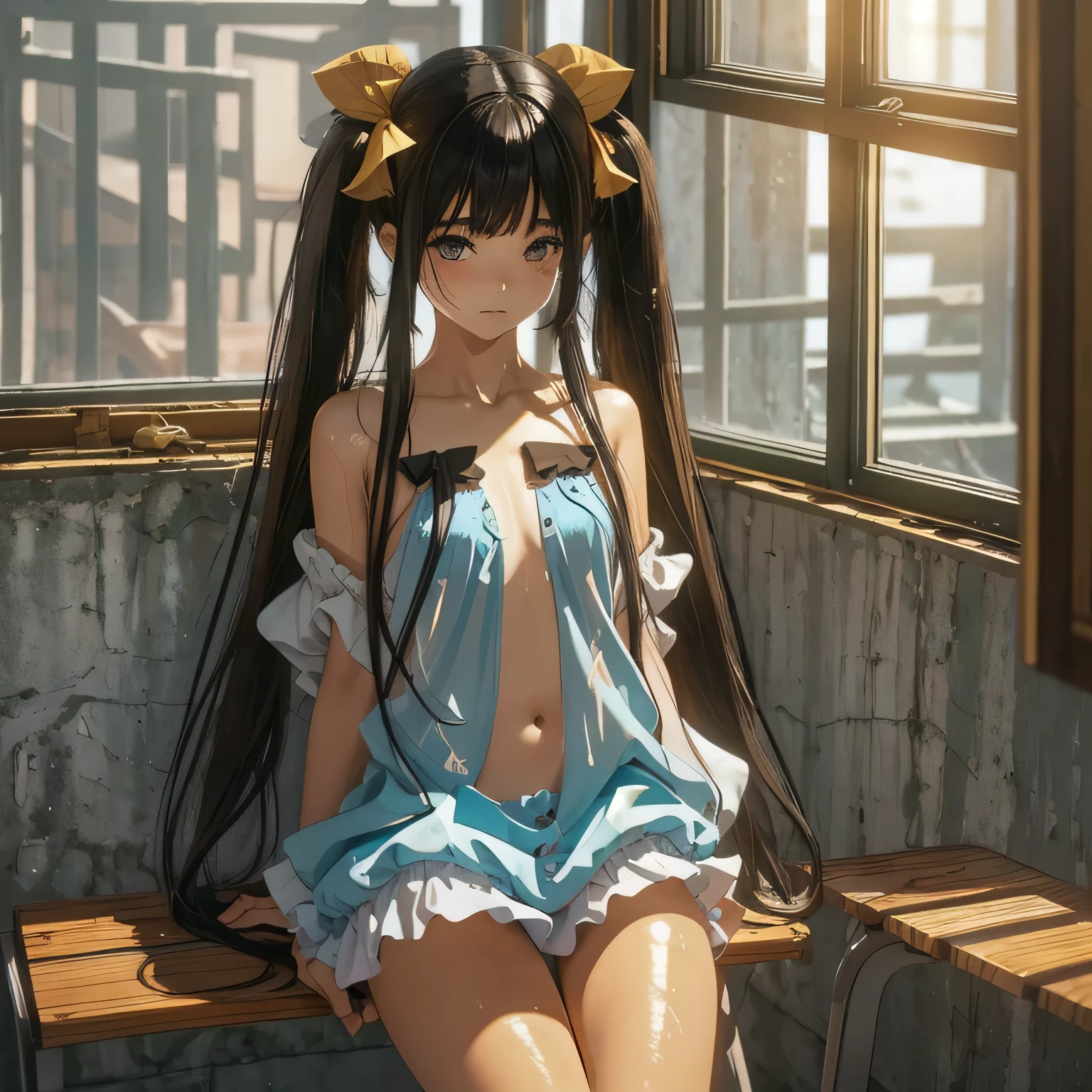 (((masterpiece))),(((highest quality))),(((very detailed))),figure, Mysterious, Bright colors, shiny , (Impressionism: 1.4), (very long hair that reaches down to the calves:1.5), (twin tails:1.5), (beautiful little brown black hair:1.5), (definition hair:1.3), (detailed eyes:1.3), Looks a little sad, blush, (Are sleeping), Body soaked with high viscosity, High viscosity and soaking wet hair, Wet and see-through clothing