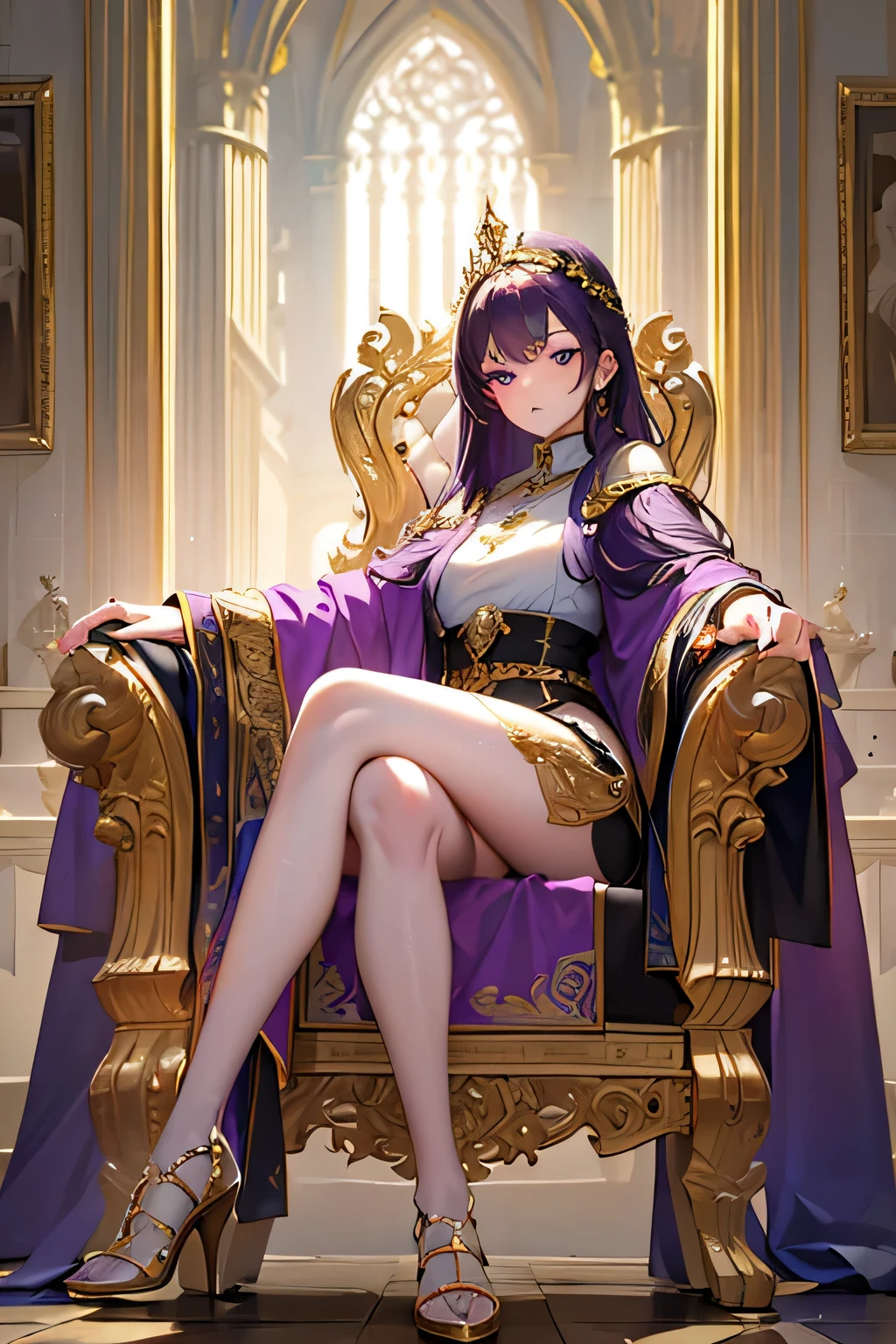 (best quality,4k,8k,highres,masterpiece:1.2),ultra-detailed,(realistic,photorealistic,photo-realistic:1.37),medieval fantasy,(from the front:1.4),full body,1 girl,solitary,queen,purple hair,purple eyes,purple long robe,stately throne,queen's eyebrows slightly raised,cold expression,sitting quietly,dignified posture,hand resting on the armrest of the throne,(in the kingdom,baroque architecture, magnificent and gorgeous, intricate details, curved concave design, gold-plated elements and bronze decorations exquisitely adorned, marble ornaments),front view with full body shot,daytime