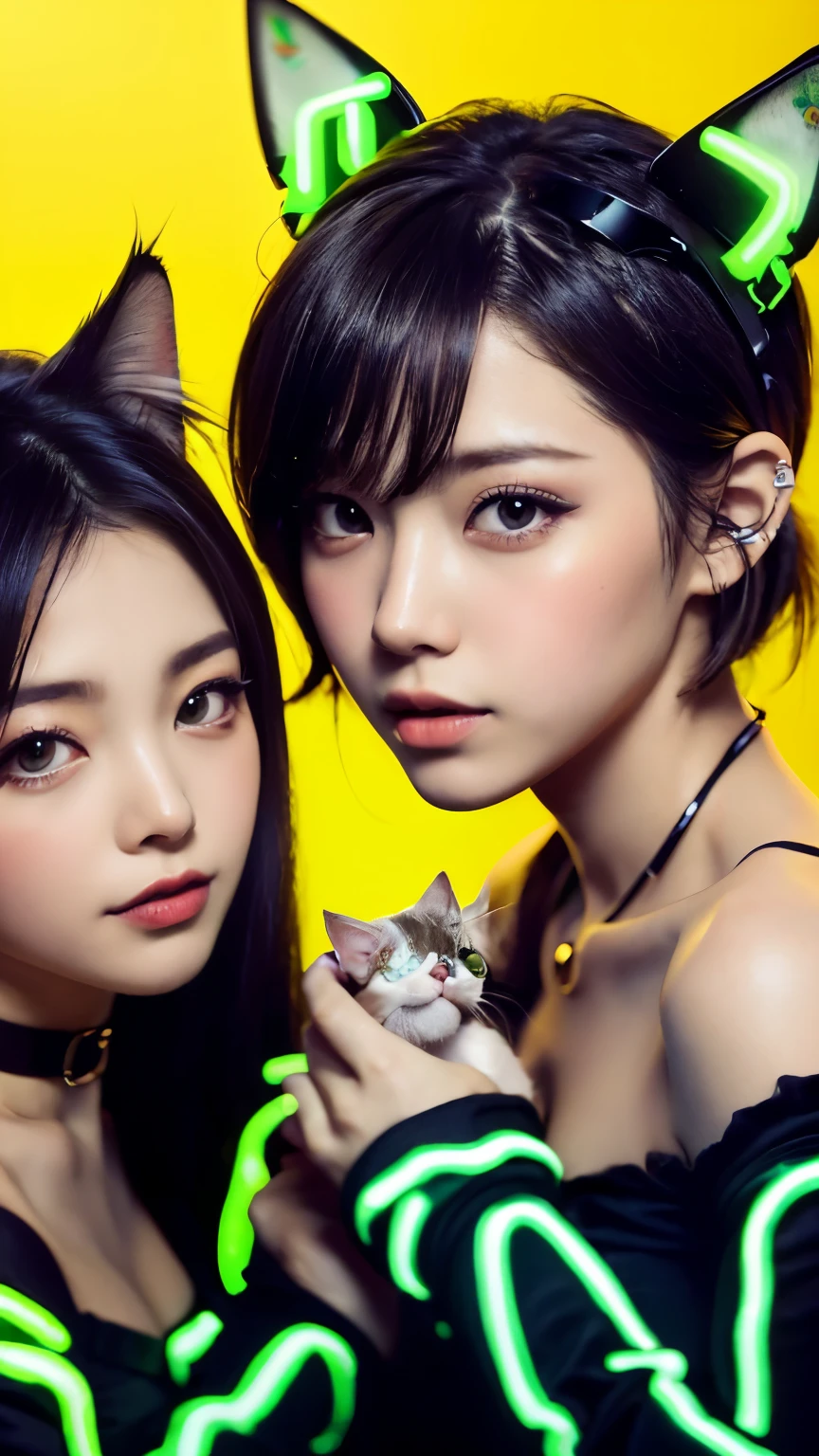 masterpiece, 4k, Bokeh, beautiful face, Harem, (multiple girls:1.4), (Group Photo:1.5), (Cat ears:1.3), (white bob hair:1.3) , looking at the viewer, cowboy shot, holding many cats in both hands, (Neon yellow background :1.4), closeup