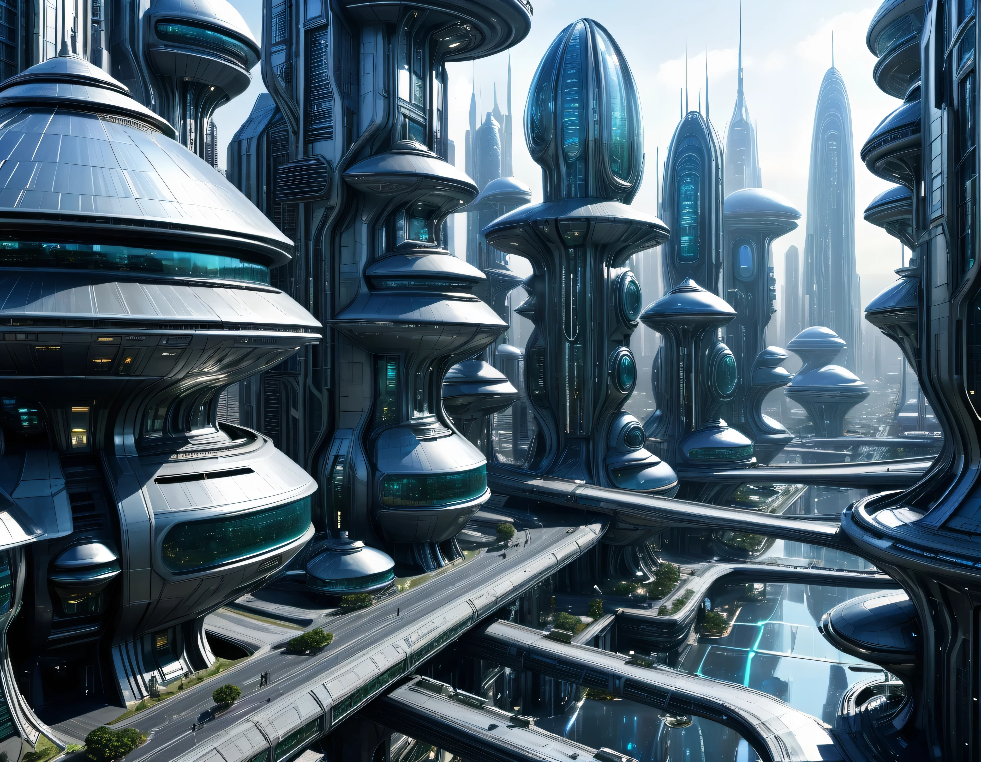 street of an extraterrestrial alien city with futuristic and technological architecture in its metal and glass conglomerado de buildings donde predomina el oro y la plata, some aliens walking around, ventanas iluminadas, all full of imagination, science fiction and (intrincados detalles de la maquina).imagen fotorrealista, Maximum sharpness, calidad 8k.(obra maestra de calidad superior). 3D.