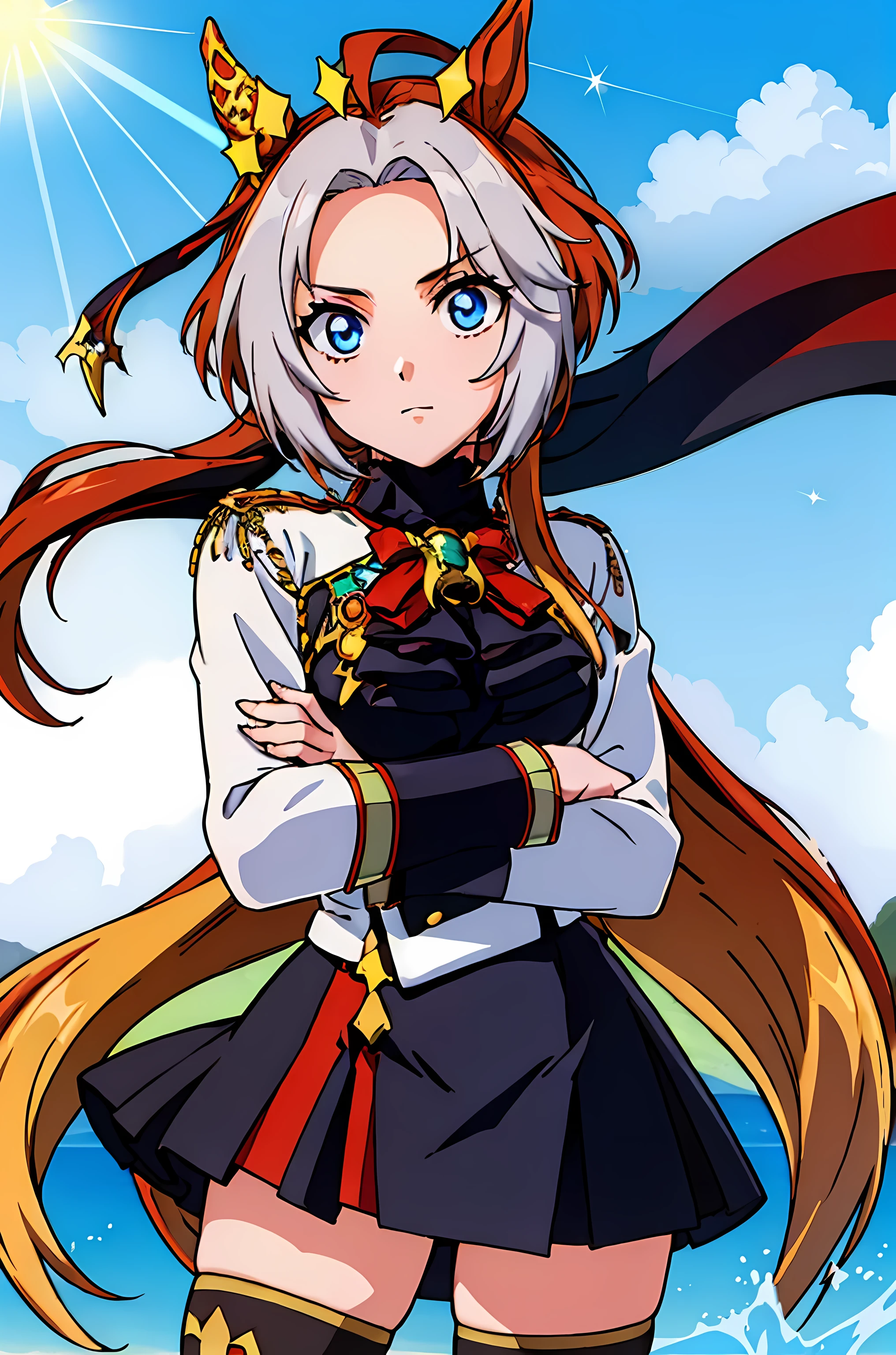 (highest quality:1.3),(ultra-be familiar with:1.5),High resolution,extremely be familiar with CG,unity 8k wallpaper,official art,be familiar with,super be familiar with skin,perfect anatomy,beautiful be familiar with eyes,(anime screenshot:1.11),very delicate and beautiful,(90s anime,90s anime style,cel shaded anime:1.17),1 girl,alone, anmnr,((orfevre \(umamusume\):1.52)),(crown:1.7), jewelry, bowtie, Jacket, epaulettes, long sleeve, black gloves, white gloves, red bow, black skirt, Thighhighs, skirt, bow, (shining eyes),blends well with the eye,blends well with the eye,focus of the eye,(Carefully crafted brilliance, sky blue lens flare:1.7),(expression of joy:1.51),octane rendering,rainbow paint drop,Woman made of paint,Full Paint,(movie background),splat,splash,dark and blurry background,close,(best writing, very delicate and beautiful),Detailed beautiful shine,(soft light:1.2),(soft money tone lighting),Warm and soft lighting,dramatic light,((cinematic light)),ambient occlusion,ambient light,violently,powerful,Absolutely eye-catching splashes of color,((caustic)),raytraced reflections,light shines,open your mouth,smile,(stand with open stance:1.1), (crossed arms:1)