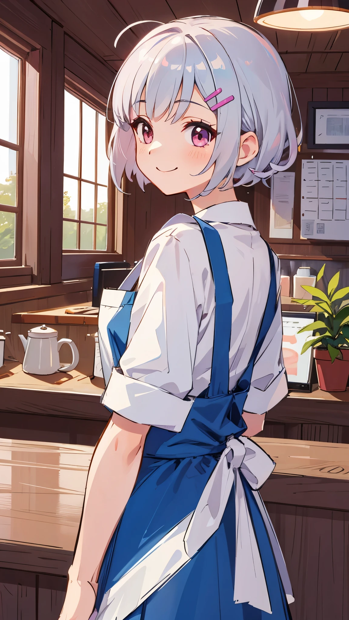 1 girl、upper body up、Short hairstyles for silver hair and bob、Hair tied up in a bun with a hair clip、Shining pink round eyes、smile、opened your mouth、white blouse、blue skirt、Apron appearance、indoor、morning、Cafe、sharp outline