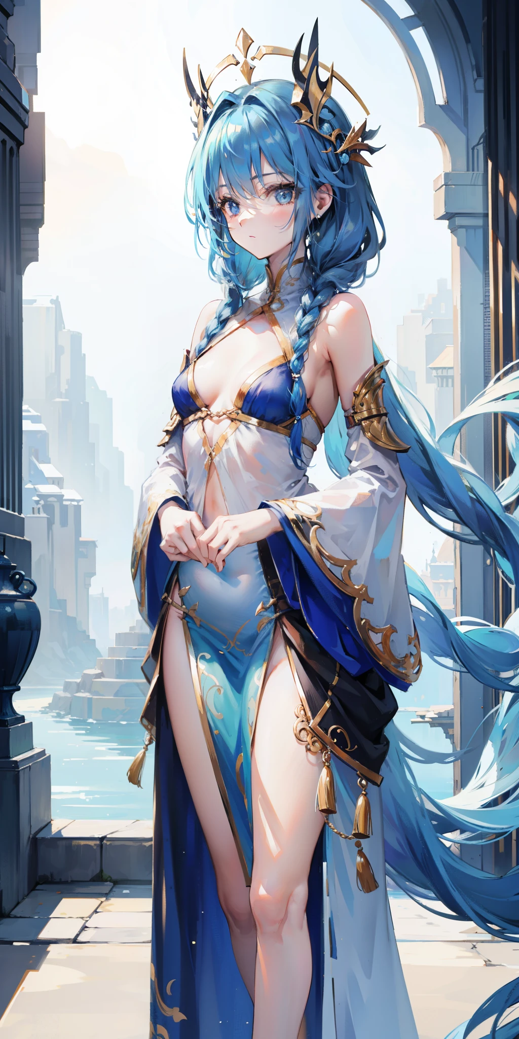 long blue hair，Scorpion-tailed braids，Put on the clothes of the little dance of Douluo Continent，Is a beautiful and sweet girl Koser