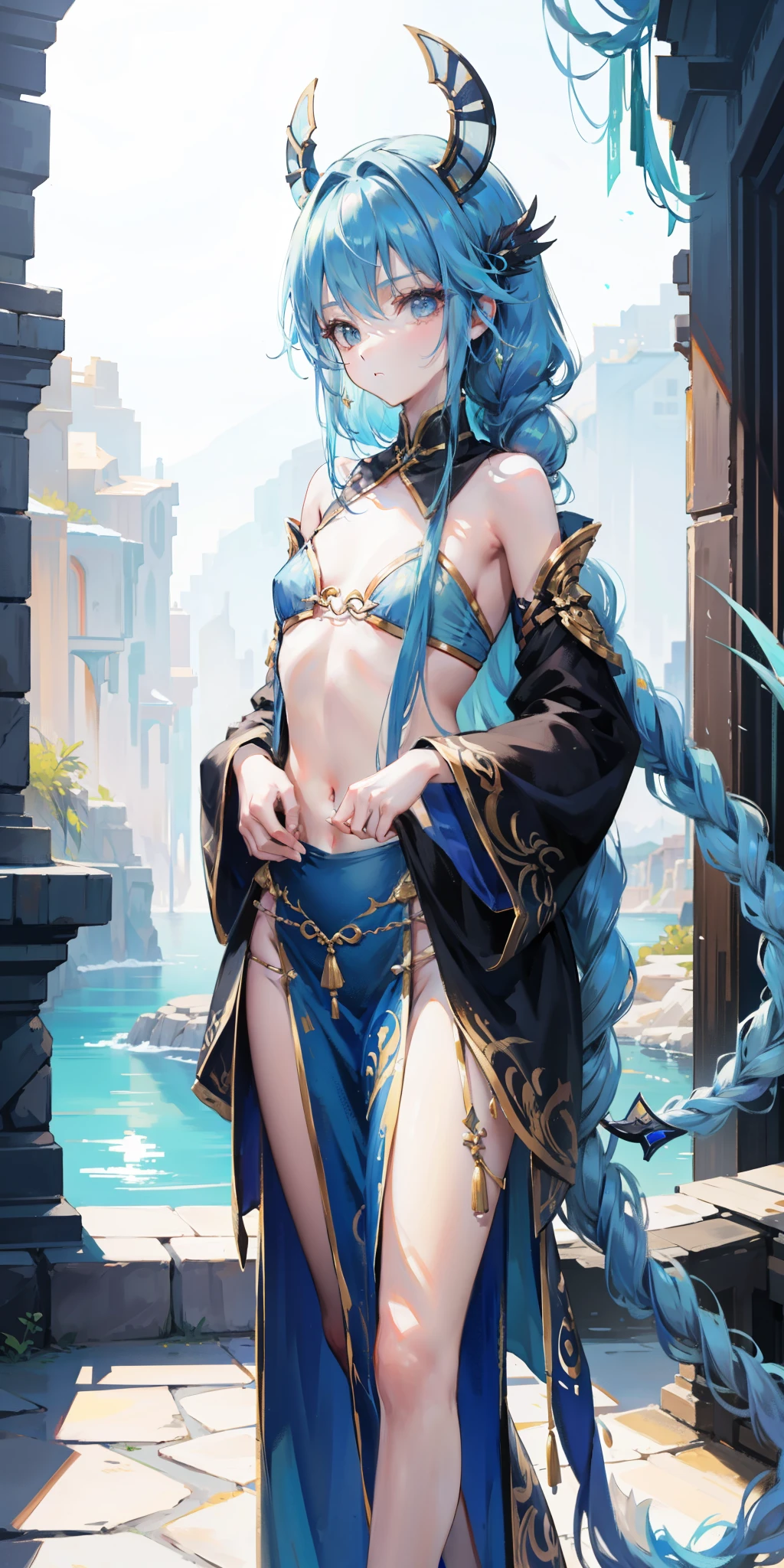 nsfw, masterpiece, 1 girl, nipples, closed eyes, navel, intricately detailed, topless, fantasy style, navel, holding staff, necklace, sky blue hair loincloth, smiling, extremely detailed, photorealistic, octane render, 8 k, unreal engine., bare breasts, bare stomach, sweaty, puddle, wet body, mage, water, beautiful face, small breasts