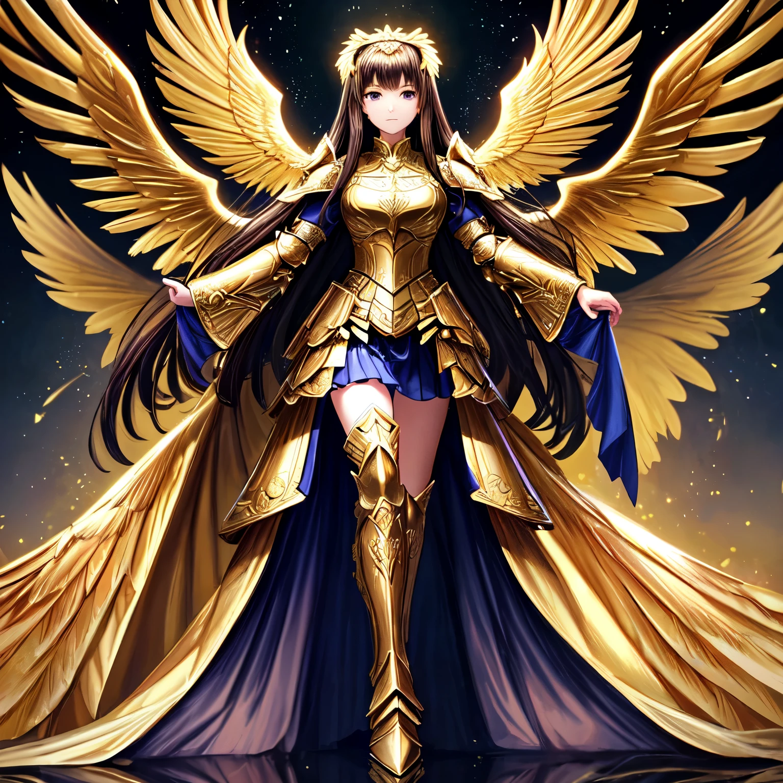 (masterpiece), (best quality), (high detail), best quality, extremely beautiful, beautiful face, angel woman, 4 big golden wing, full body. revealing armor with open_front_skirt, very long dark hair
