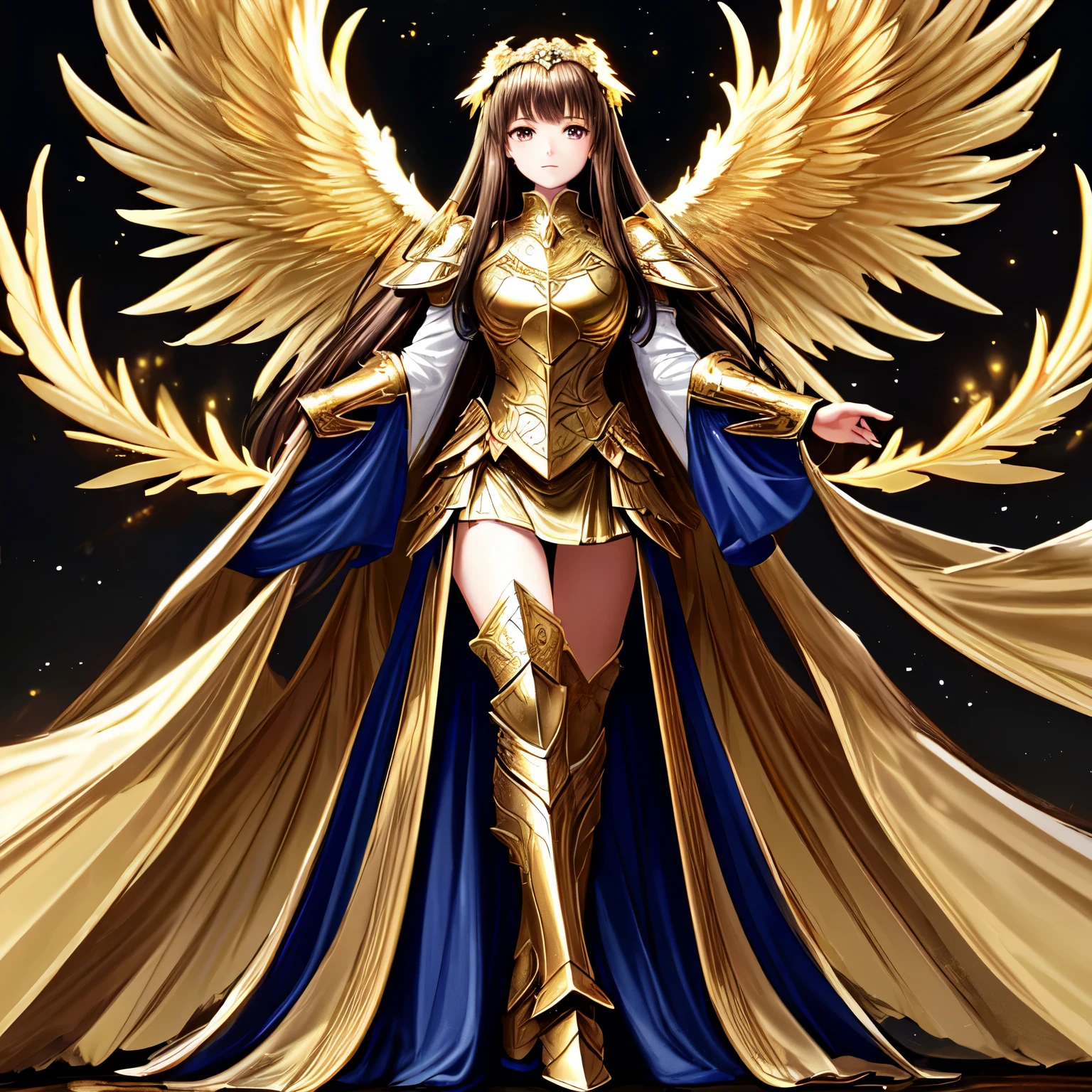 (masterpiece), (best quality), (high detail), best quality, extremely beautiful, beautiful face, angel woman, 4 big golden wing, full body. revealing armor with open_front_skirt, very long dark hair