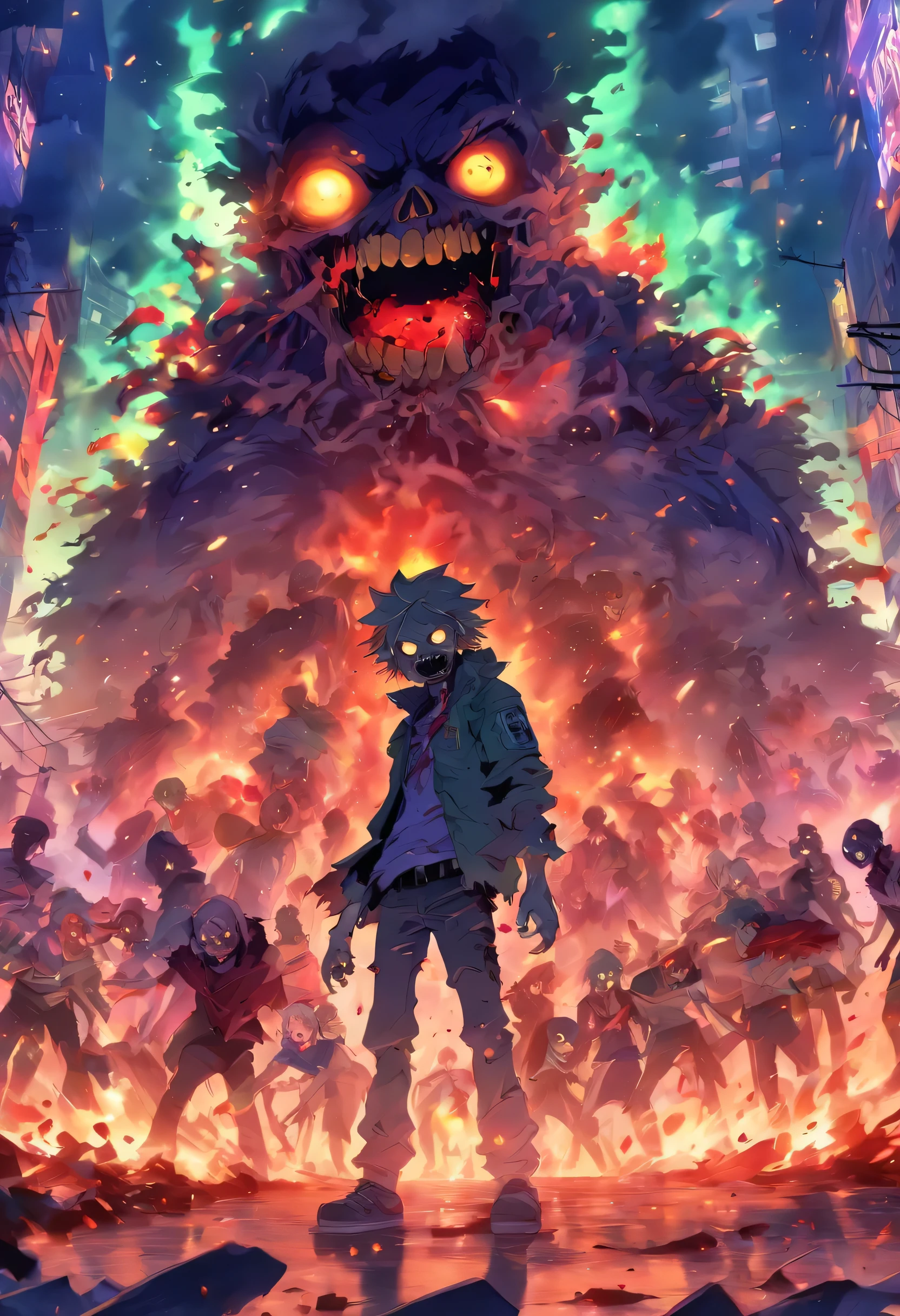 Zombies in a devastated city,explode,flame,