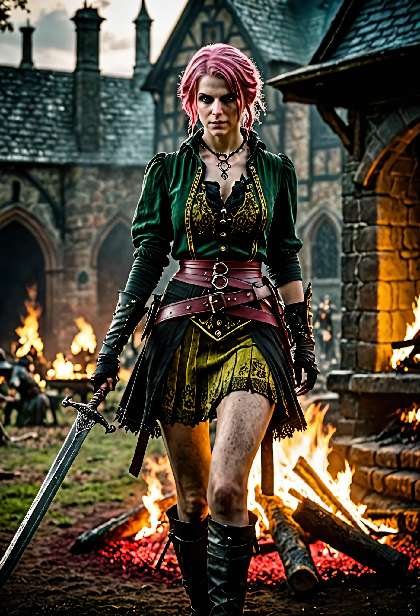 photo shot on Nikon D850, Bloodborne ~ Dark Souls 3 ~ Elden Ring ~ ultra detailed gorgeous woman with dark pink hair, open green blouse, short black patterned skirt, holding a sword, walking through a battlefield, fireplace, in a world of red and yellow, detailed face, blushing, teasing, Alluring. highly stylized. depth of field, bokeh effect, backlit, stylish, elegant, breathtaking, visually rich, masterpiece, full body shot.