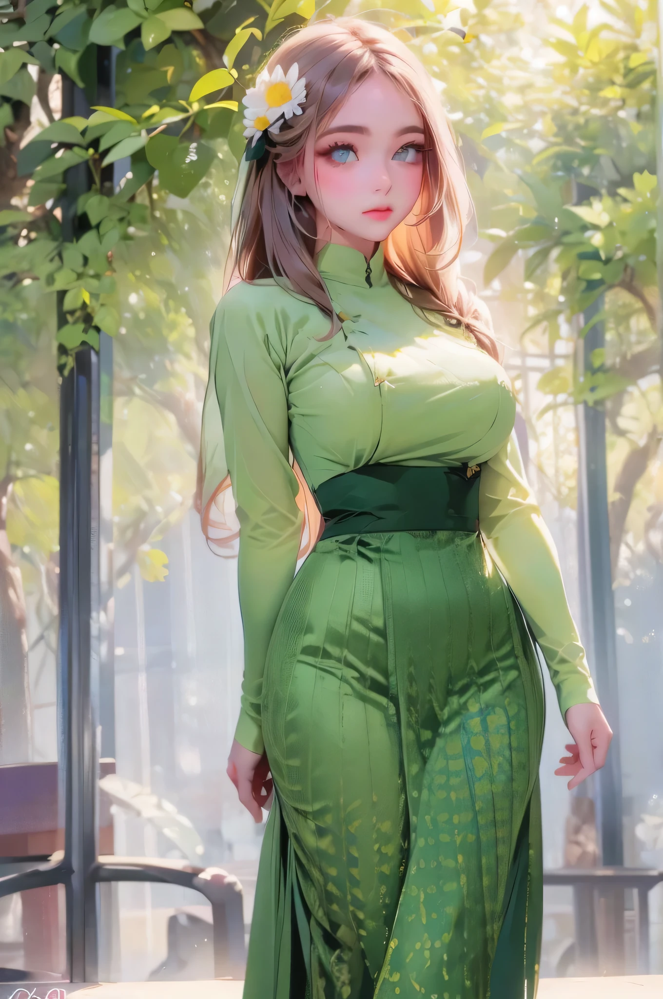 best quality,4k, highest ,masterpiece:1.5),ultra-detailed,(realistic,photo-realistic,photo-realistic:1.37),beautiful girl 24 years old, beautiful detailed eye, beautiful detailed lips, extremely detailed eyes, and face,longeyelashes,1 girl, illustration, soft lighting, vibrant color ,Boken ,romantic, dreamlike, etherealvibe, Full body Professional Photo,(Photo 4k:1.1)(Sharp Focus:1.1),High Detail, Woman in (beautiful chrysanthemum garden:1.2)Pretty Buttocks, long hair, Instagram Pattern Pose, confident, slim girl, big tits:1.2,perfect anatomy, perfect symmertry:1,2<Realistic, realistic face:1.3,perfect face, content, confident, very detailed, and dramatic, cinematic lighting, Lighting scene, soft lights graceful movement, full body photography,((masterpiece:1.5)),photoreal acmm ss outfit, wearing acmm top, light purple acmm top, short sleeves, buttons, wearing acmm long skirt, acmm outfit, wearing acmm top, olive green acmm top, long skirt, long sleeves, wearing acmm long skirt, olive green acmm long skirt ,printed skirt