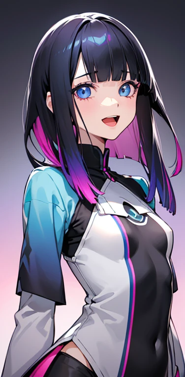 Realistic、1girl、black hair、(blunt bangs:1.3),blue eyes、open stance,(middle hair),(eye focus:1.3,upper body),(gradient eyes:1.3),(pop clothes
)、(Open mouth happy smile:1.3),cute face、,(tareme:1.3),(small breasts:1.3),(pop of color background:1.5),colorful