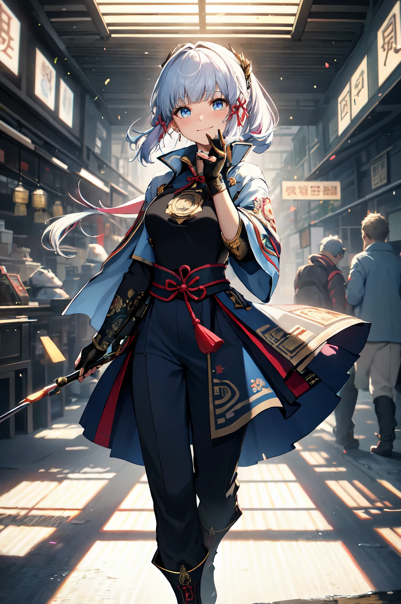 Super high quality,（（（master piece）））， 4K resolution， very detailed， （（very fine eyes）））， Detailed background， cinematic lighting， crystal shining eyes， expensive、expensive品質， High resolution， hyper detail， 8K， best quality， 1 girl， solo， shadowing， The light from the back window is backlit.， particles of light， thick lashes，Tears mole ，wide sleeve， thickタイトな， （master piece：1.3）， （best quality：1.2）， （super detailed illustrations：1.2）， （master piece）， high quality， expensive詳細， （solo：1.4），（circular image））， full body esbian， 1 girl， Camiast was invited， smile， face turns red， please shut your mouth， cryogenic motion， black gloves， thick， one hand stretched out in front， Put one hand on your hip， put your hand on your chest,red cheongsam dress,chinese embroidery,light blue stripes々pants